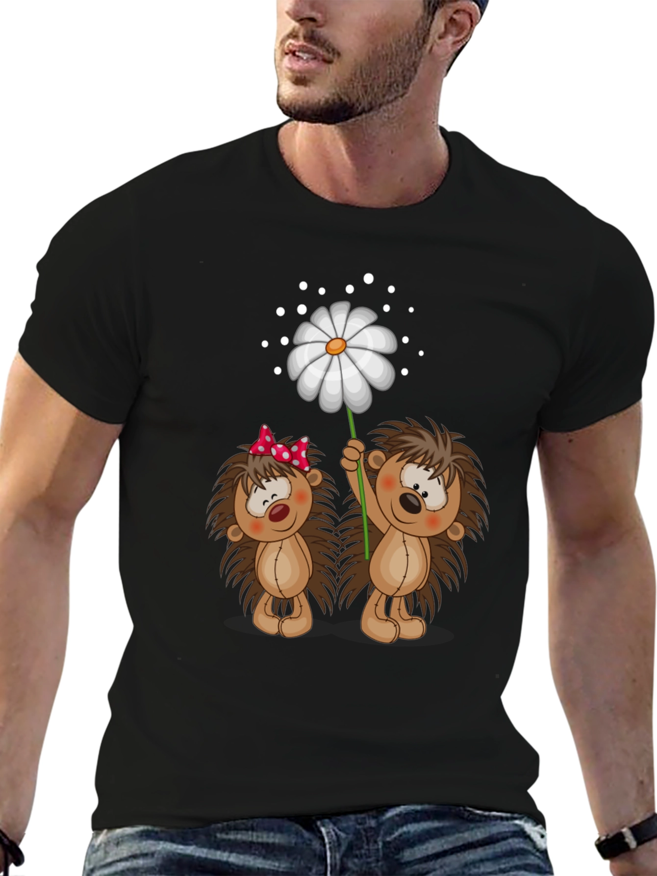 Black Cute Hedgehog & Daisy Graphic Black T-Shirt view 6