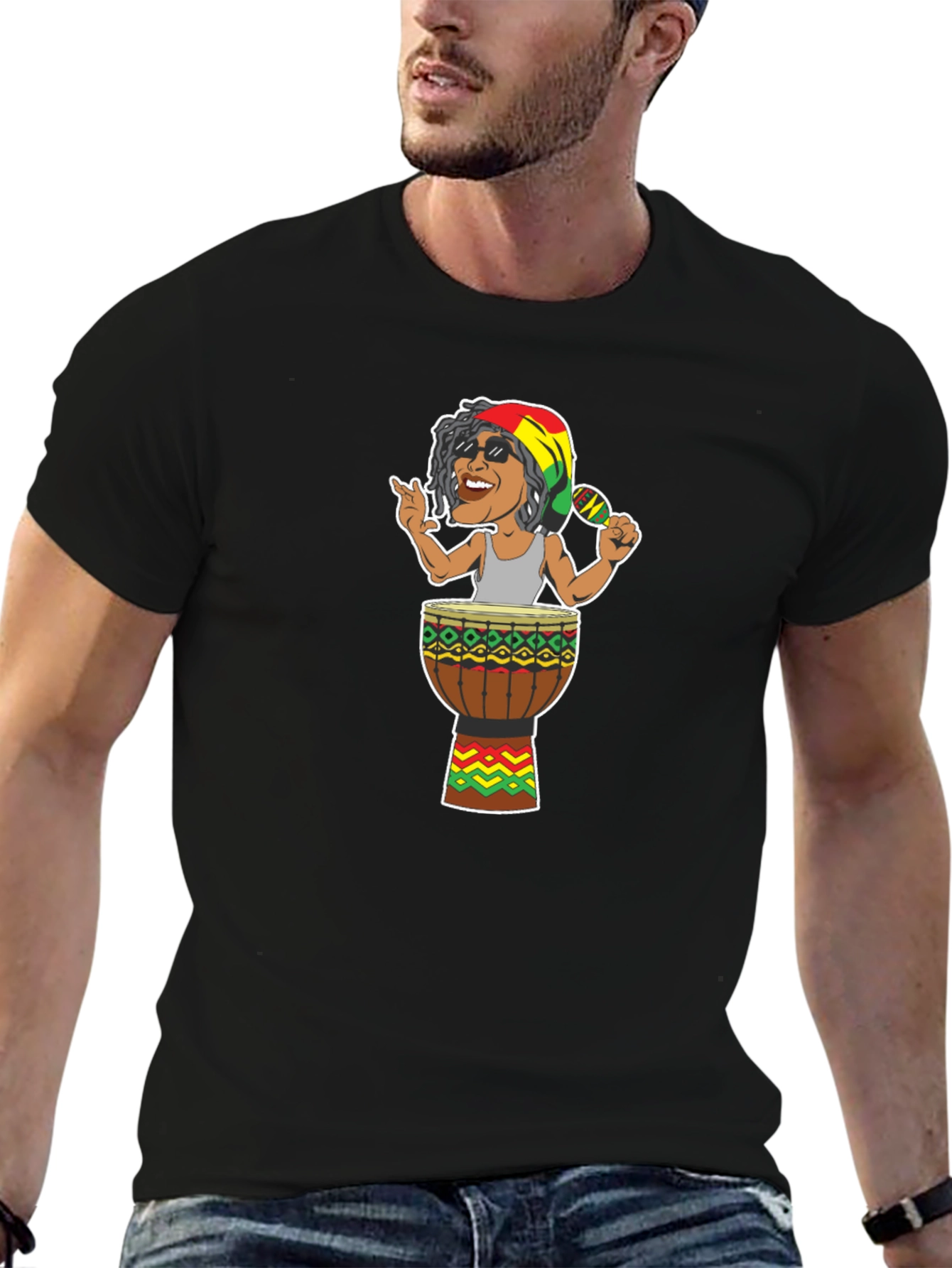 Black Reggae Drummer Graphic Tee - Music Inspired T-Shirt view 6