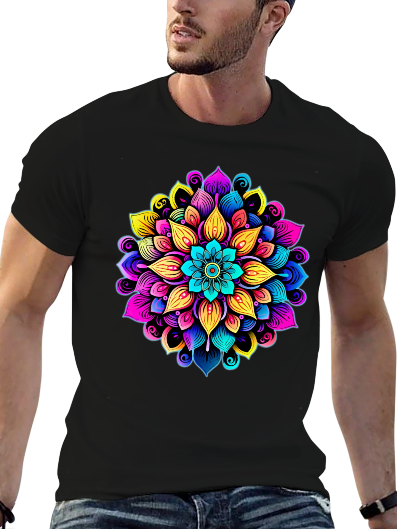 Black Vibrant Mandala Graphic Black T-Shirt view 6
