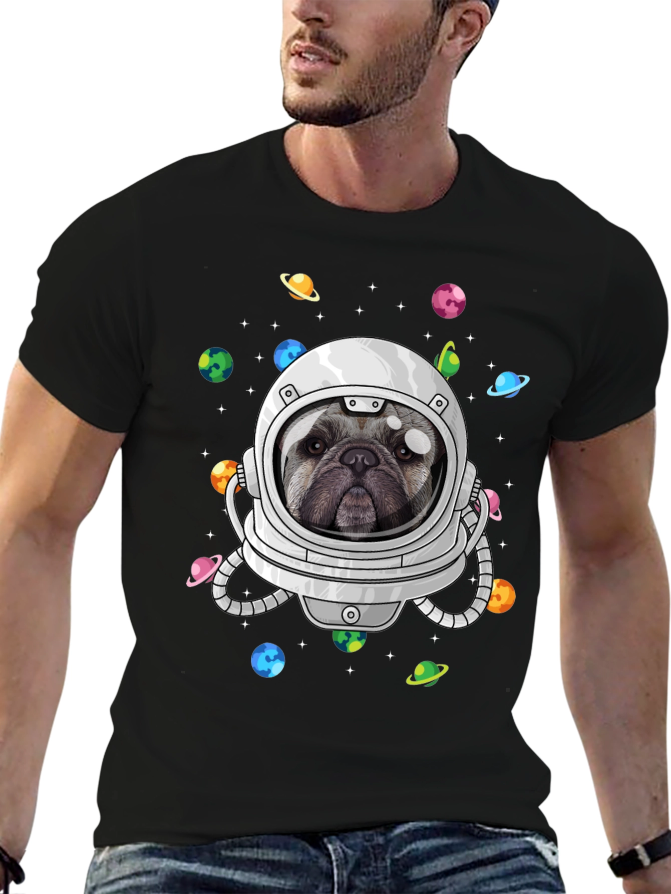 Black Pug Astronaut T-Shirt - Galaxy Dog Space Tee view 6