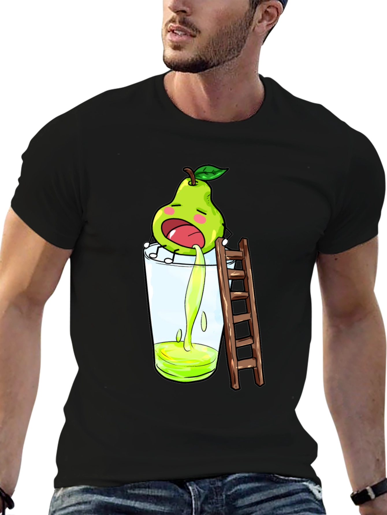 Black Funny Pear Juice Cartoon Black T-Shirt view 6