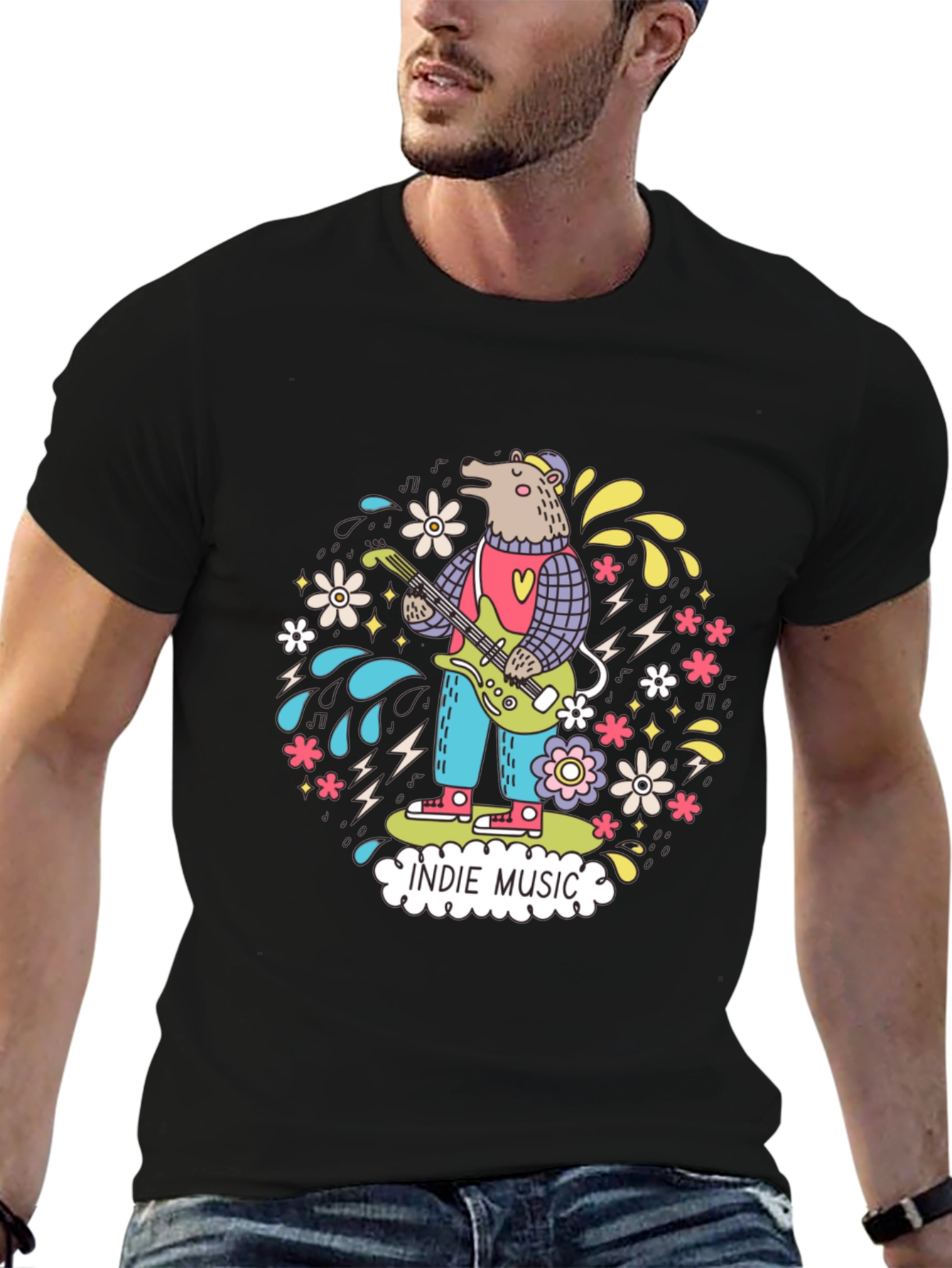 Black Indie Music Bear Graphic T-Shirt view 6