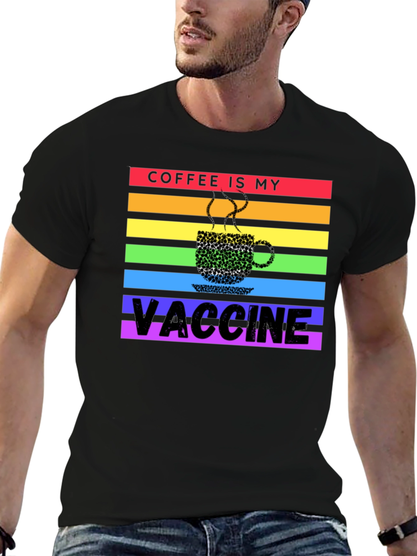 Black Coffee is My Vaccine Rainbow T-Shirt view 6