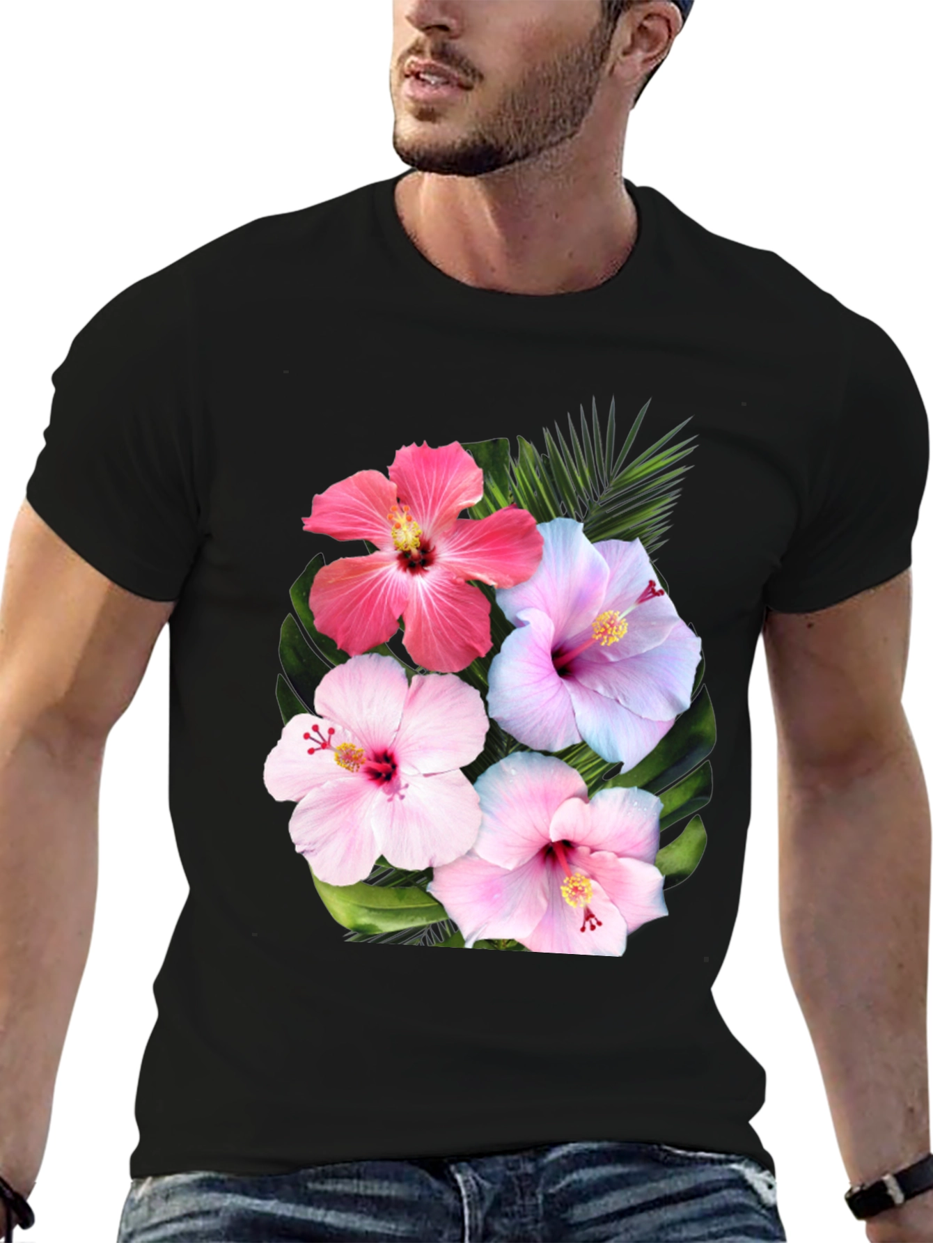 Black Floral Hibiscus Graphic T-Shirt view 6