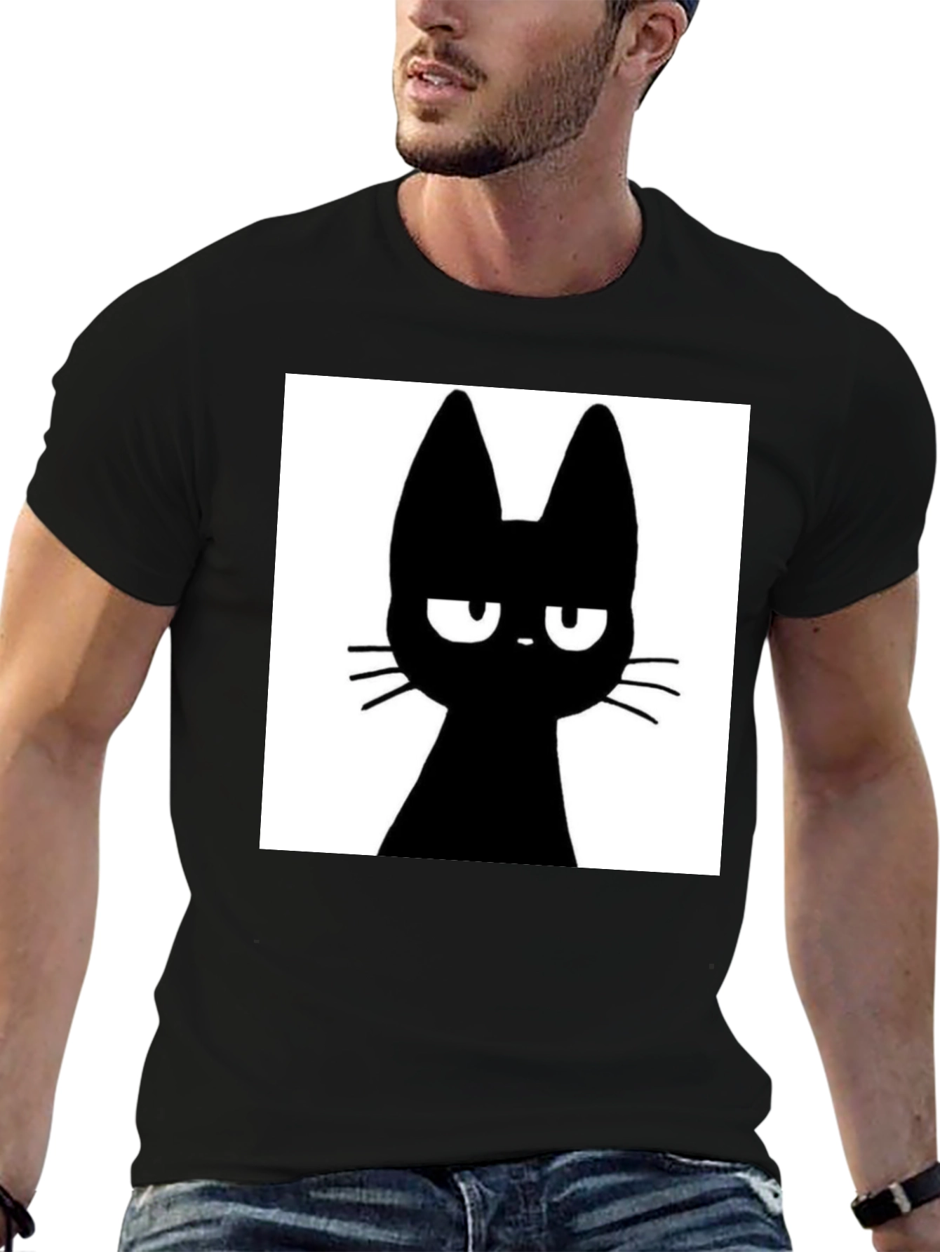 Black Grumpy Black Cat T-Shirt - Unisex Cotton Tee view 6