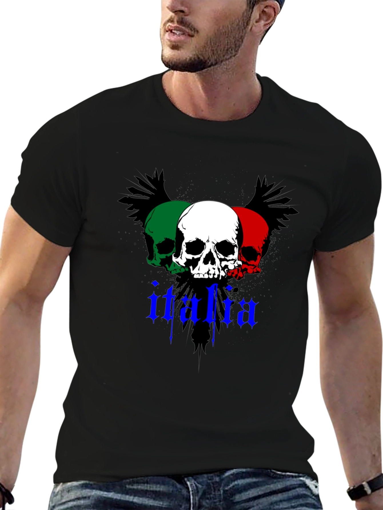 Black Italia Skull Graphic Tee - Black Crew Neck T-Shirt view 6