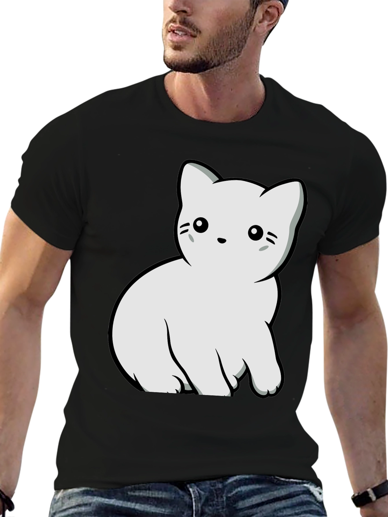 Black Cute Cat Graphic T-Shirt - Black Cotton Blend Tee view 6