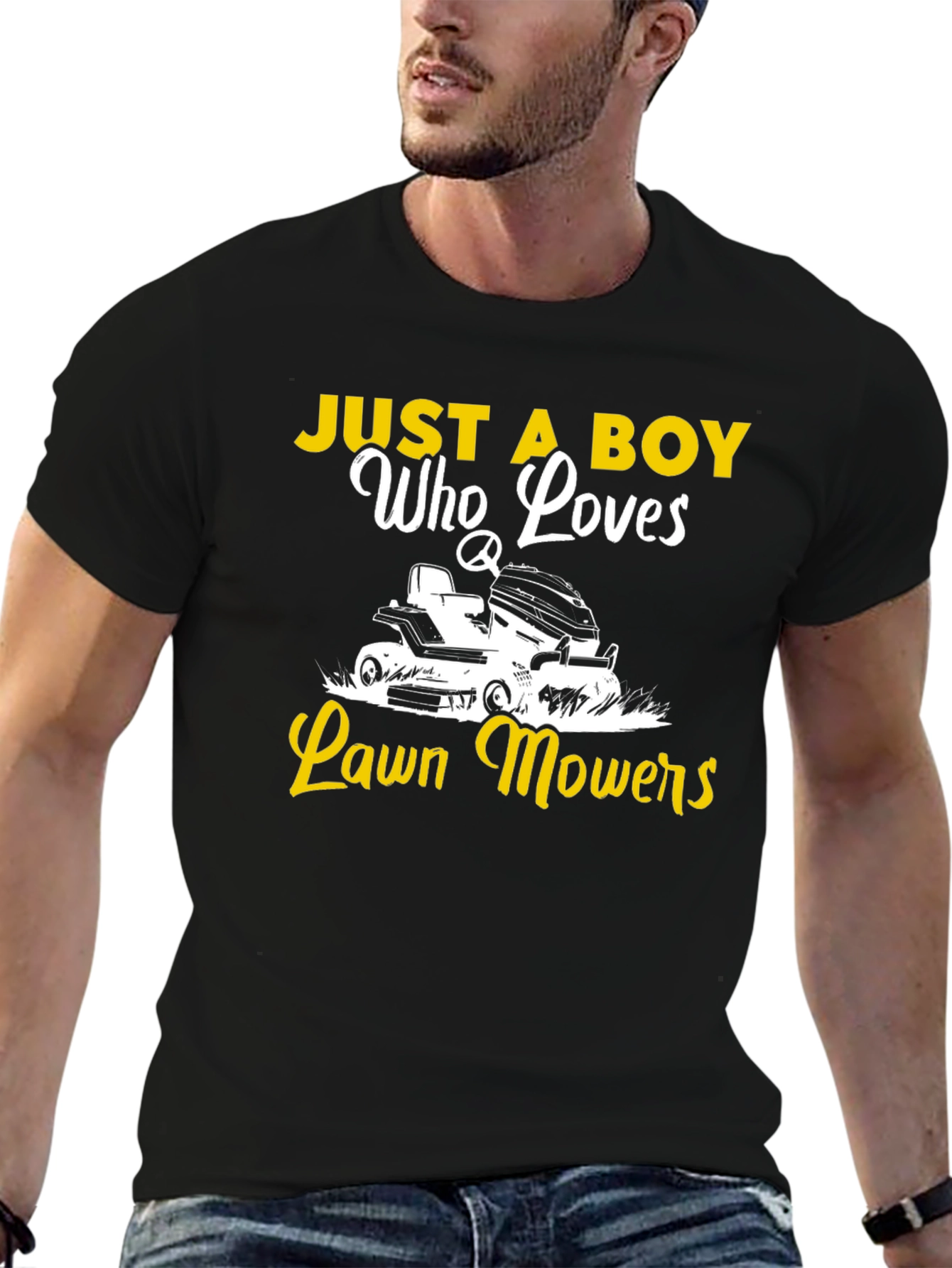 Black Just a Boy Who Loves Lawn Mowers Black Tee view 6