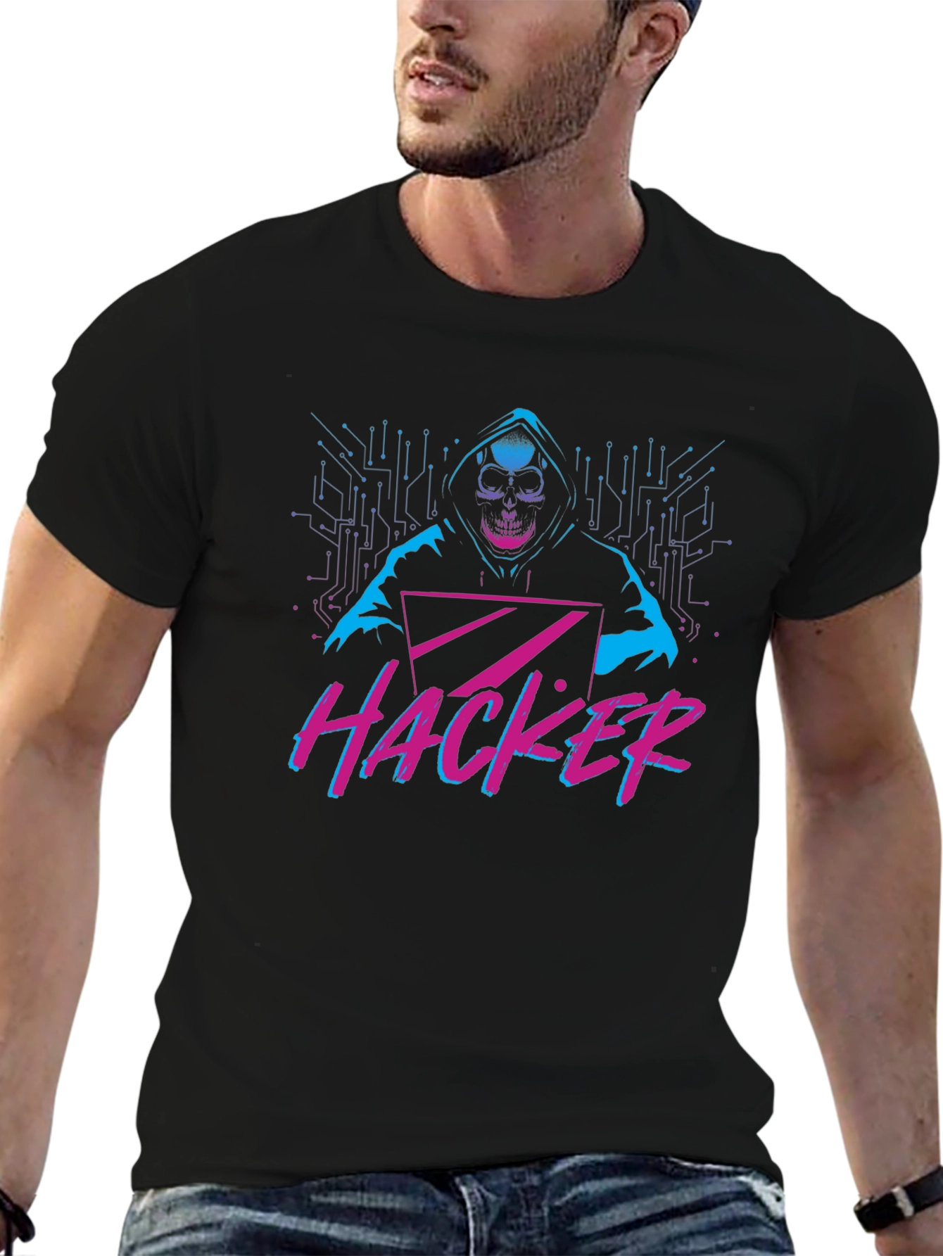 Black Hacker Graphic T-Shirt - Skull & Laptop Design view 6