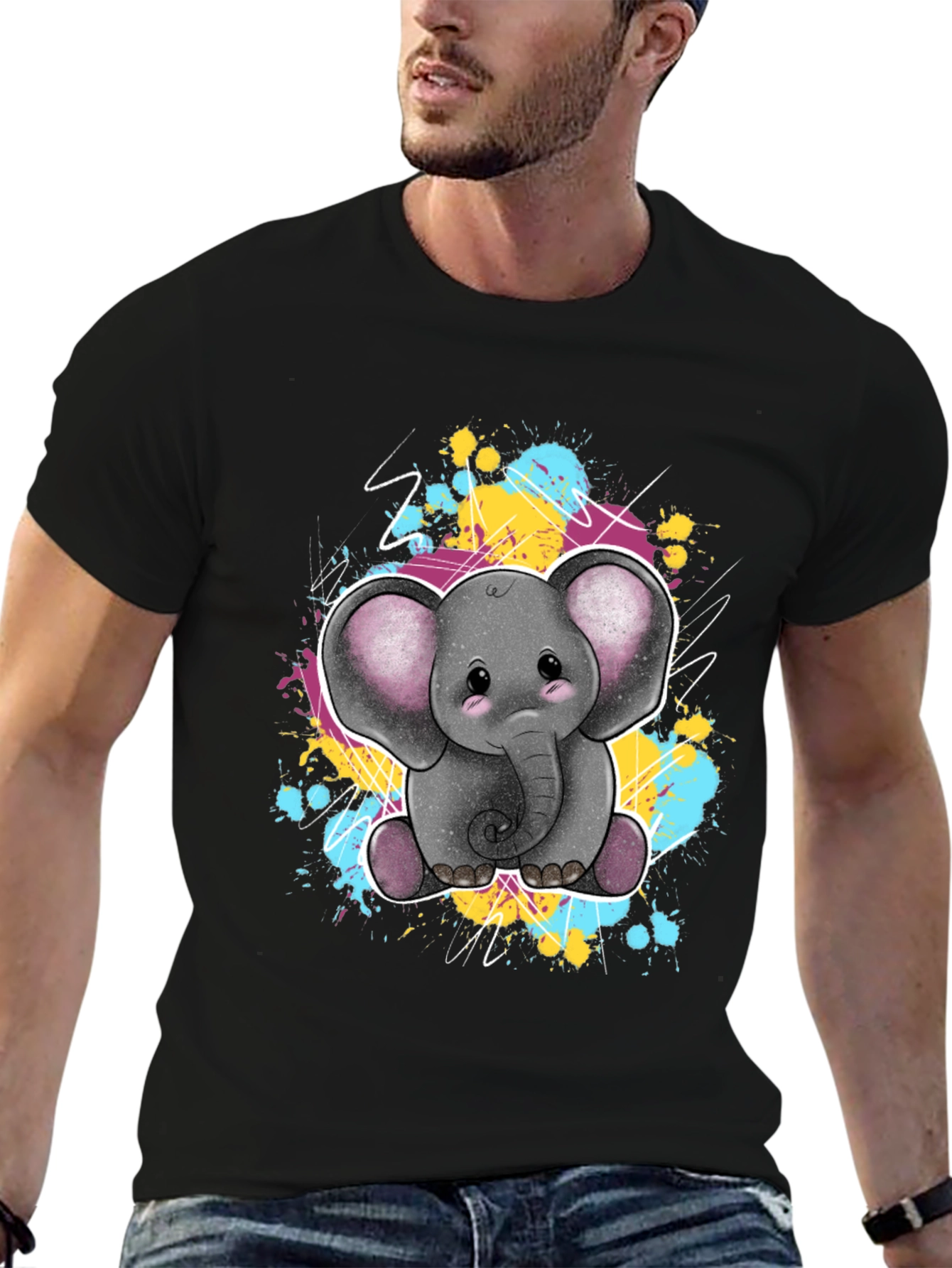 Black Cute Elephant Graphic Tee - Unisex Black T-Shirt view 6