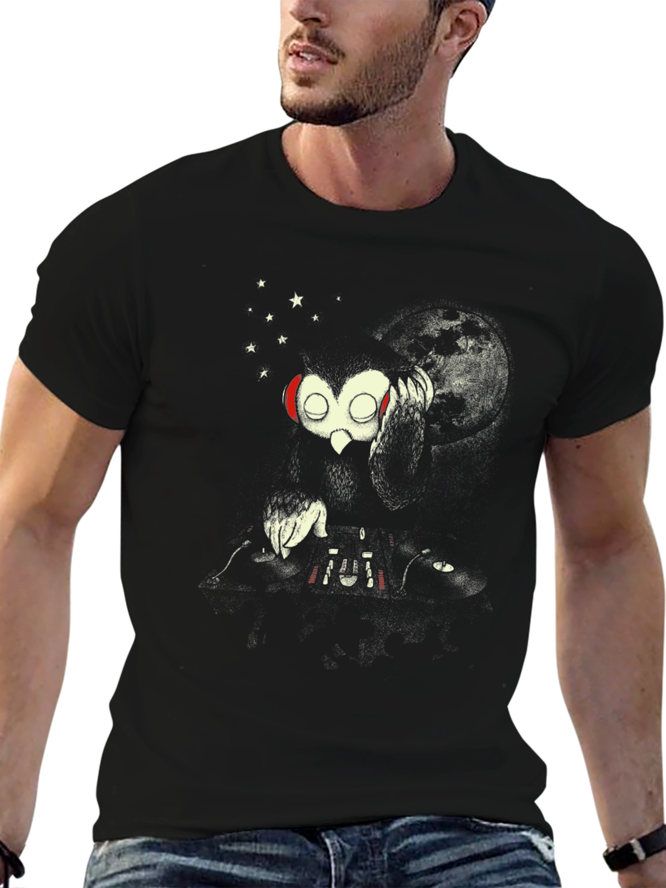 Black DJ Owl Graphic Tee - Black Cotton T-Shirt view 6