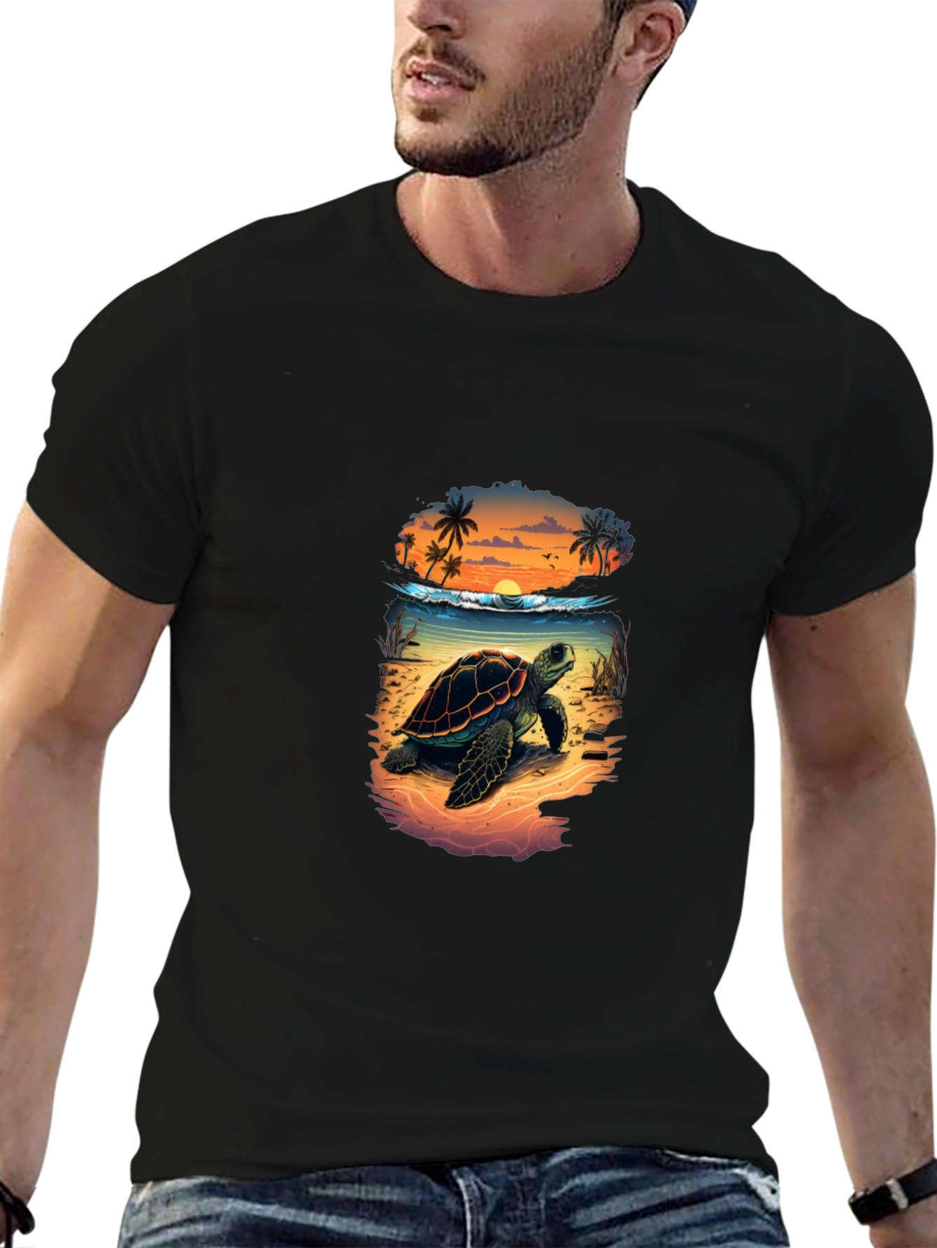 Black Sea Turtle Beach Sunset Graphic T-Shirt view 6