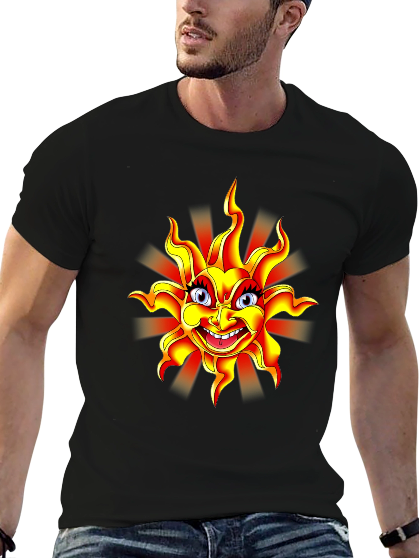 Black Cartoon Sun Graphic Black T-Shirt view 6