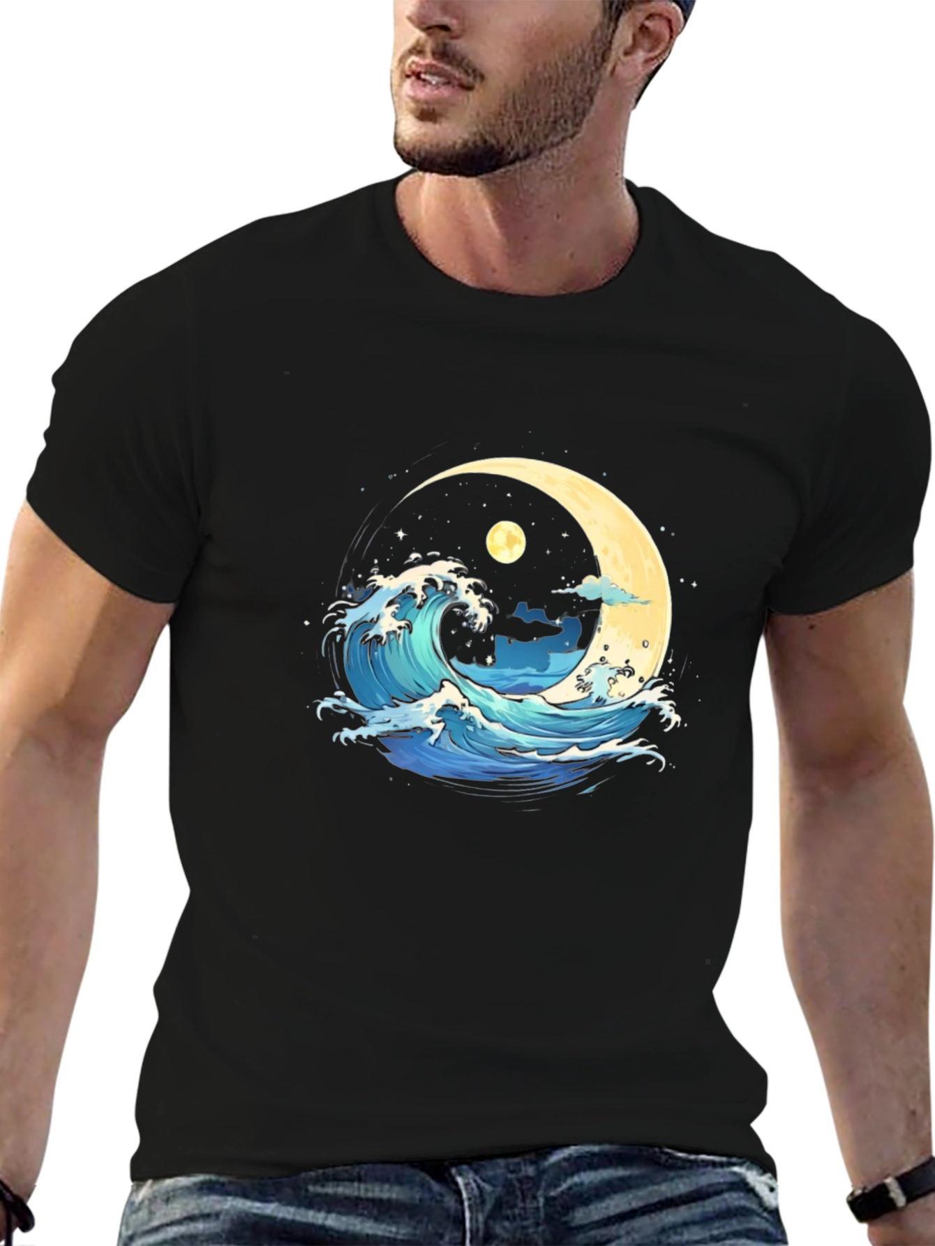 Black Ocean Wave Moon Graphic Black T-Shirt view 6