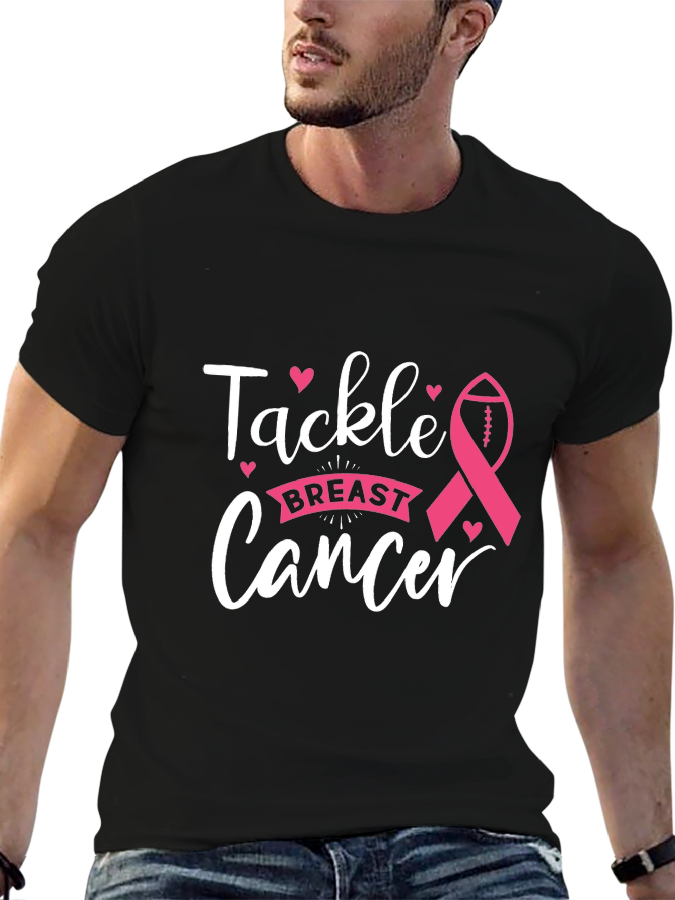 Black Tackle Breast Cancer T-Shirt, Awareness Ribbon Football Tee view 6