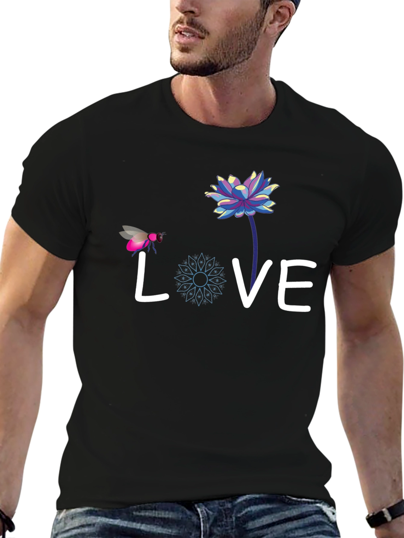 Black Love Bee Lotus Graphic Tee - Black Cotton view 6