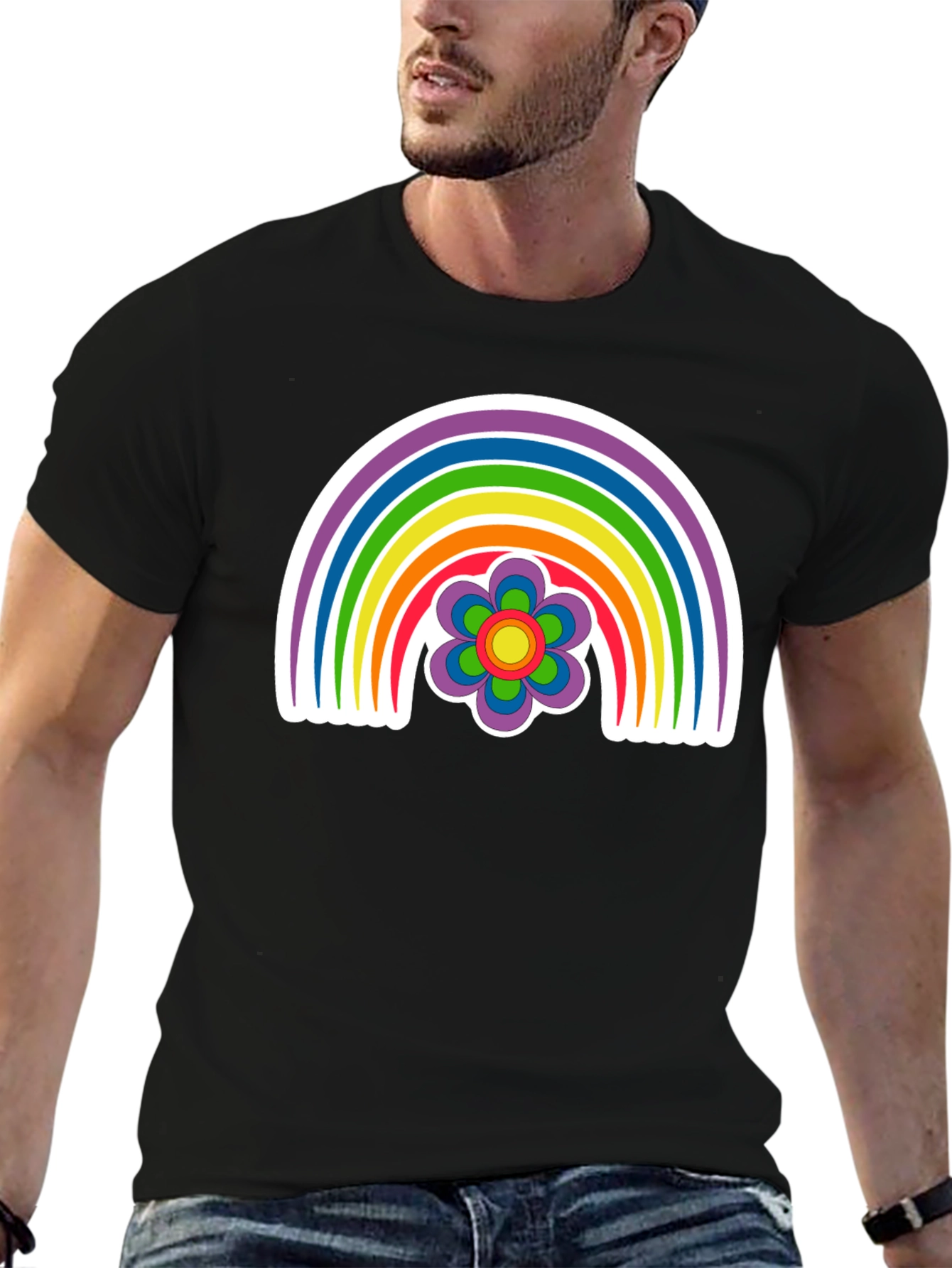 Black Retro Rainbow Flower Graphic Tee - Black view 6