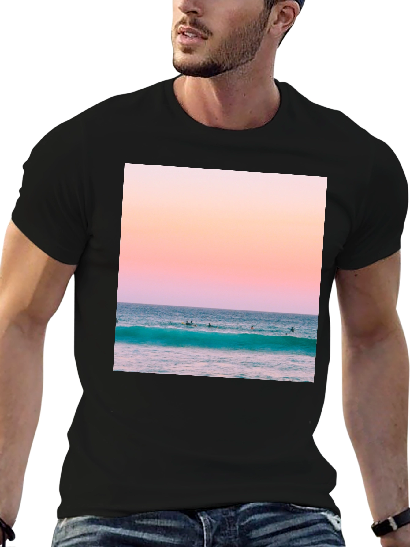 Black Sunset Ocean Wave Graphic T-Shirt view 6