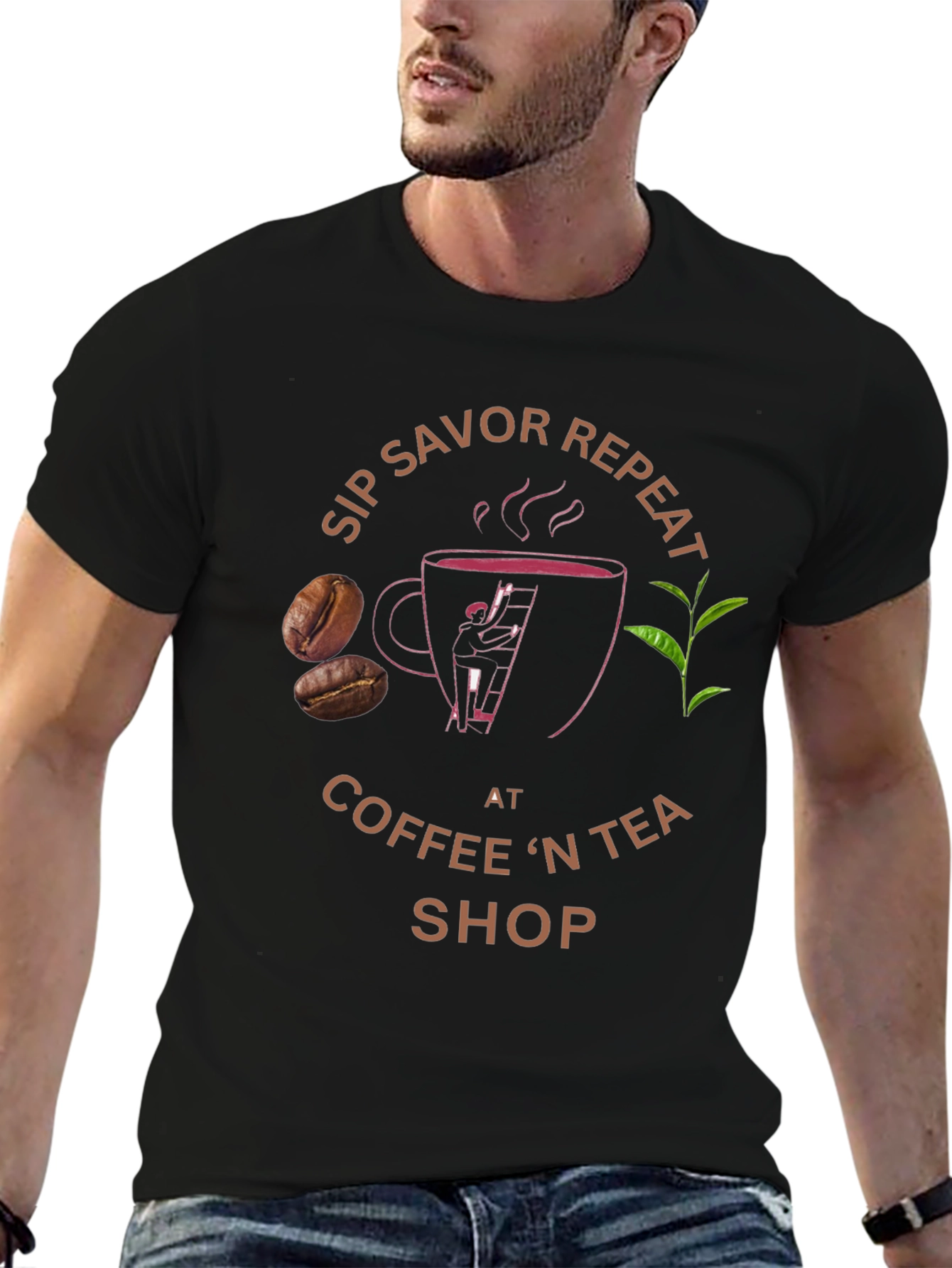Black Sip Savor Repeat Coffee & Tea T-Shirt view 6