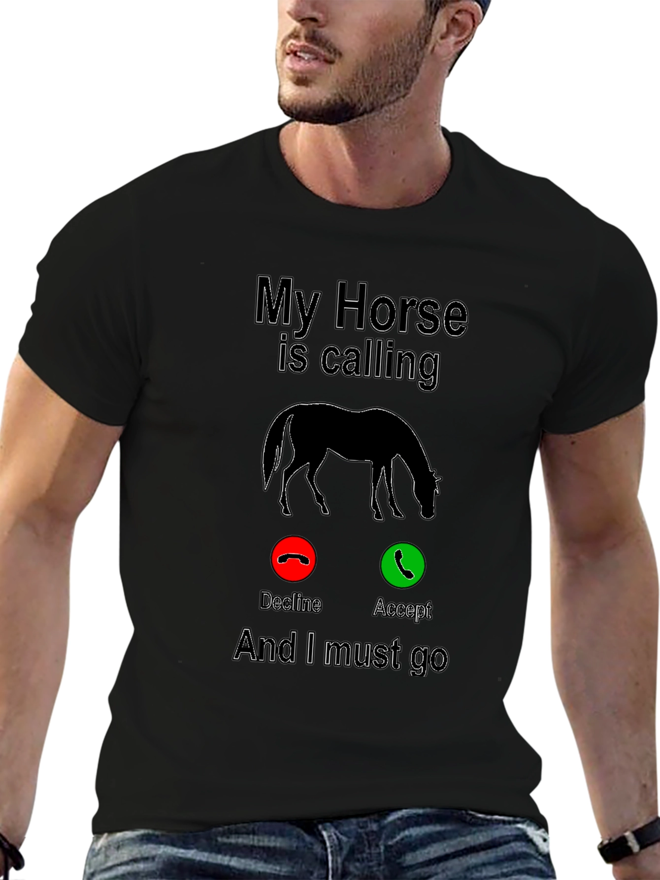 Black My Horse is Calling Funny Graphic T-Shirt view 6