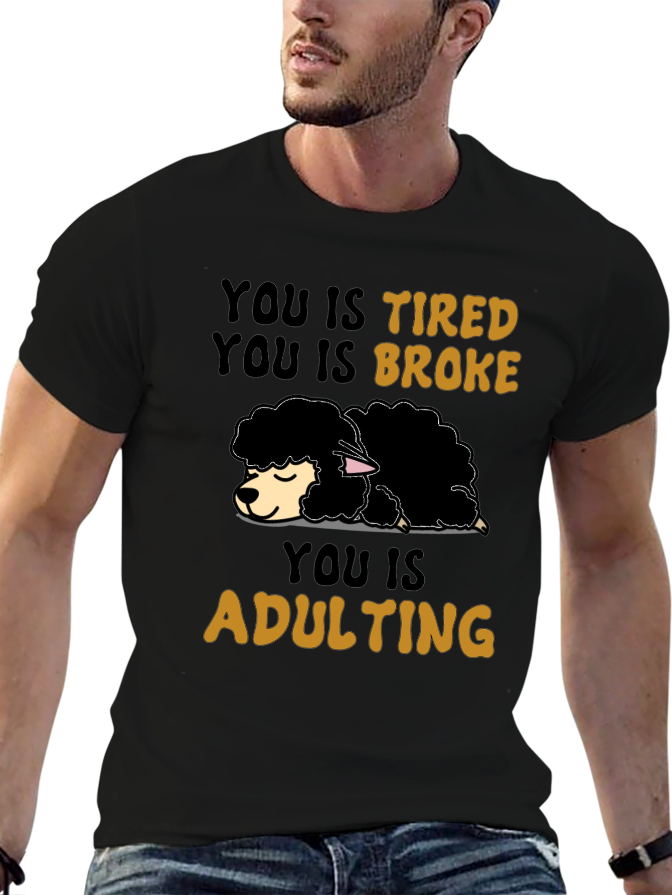 Black Tired Broke Adulting Sheep Graphic Tee view 6