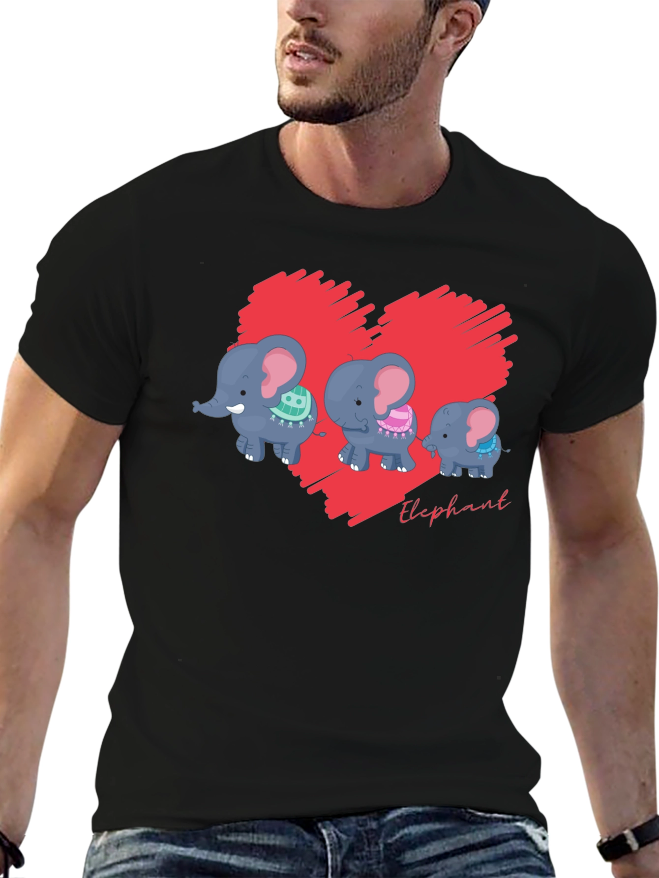 Black Elephant Family Heart Graphic Black T-Shirt view 6