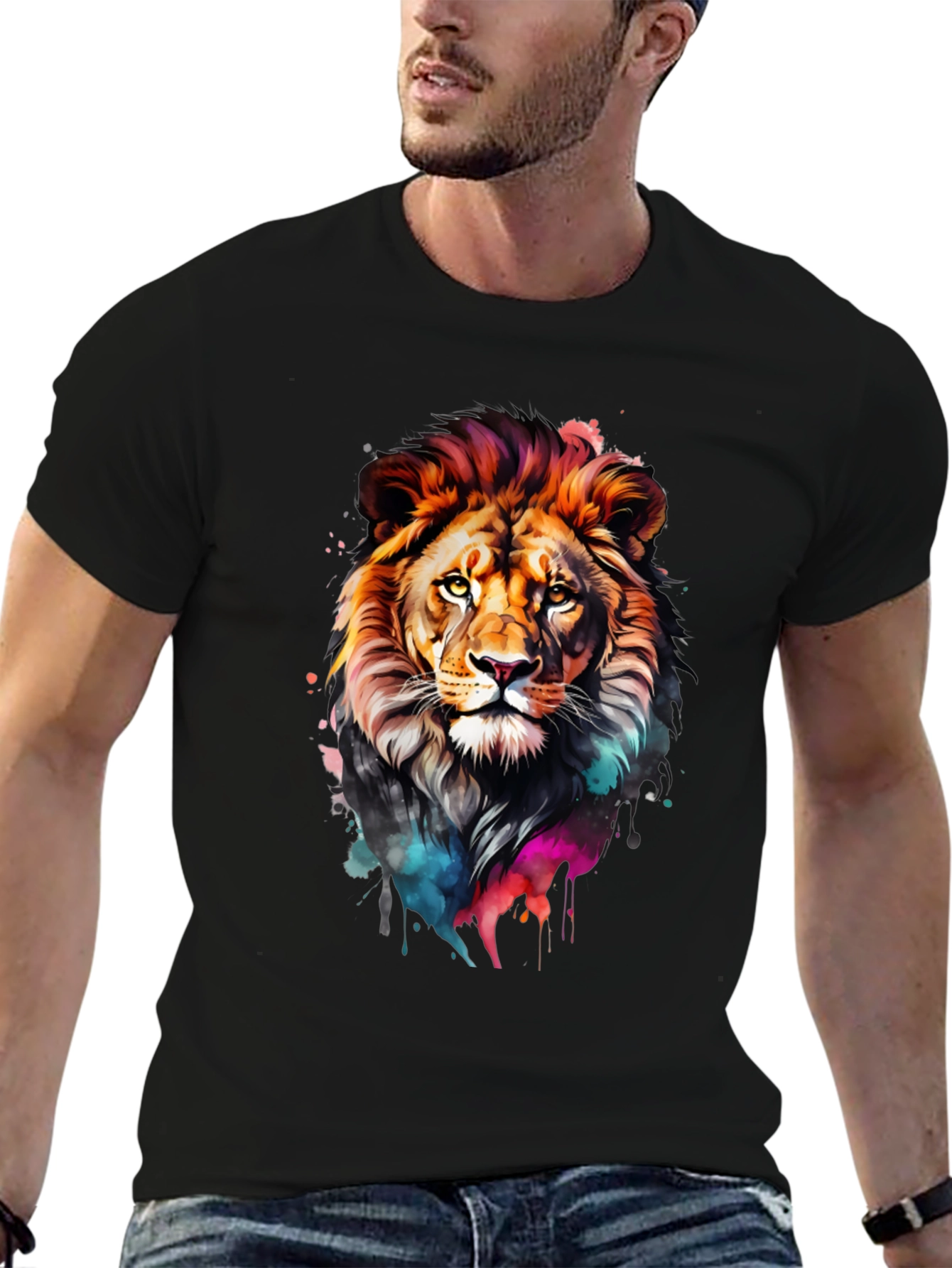 Black Vibrant Lion Graphic Black T-Shirt view 6