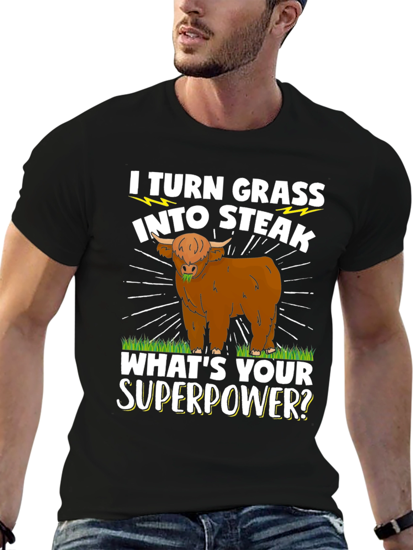 Black I Turn Grass Into Steak T-Shirt - Funny Cow Tee view 6