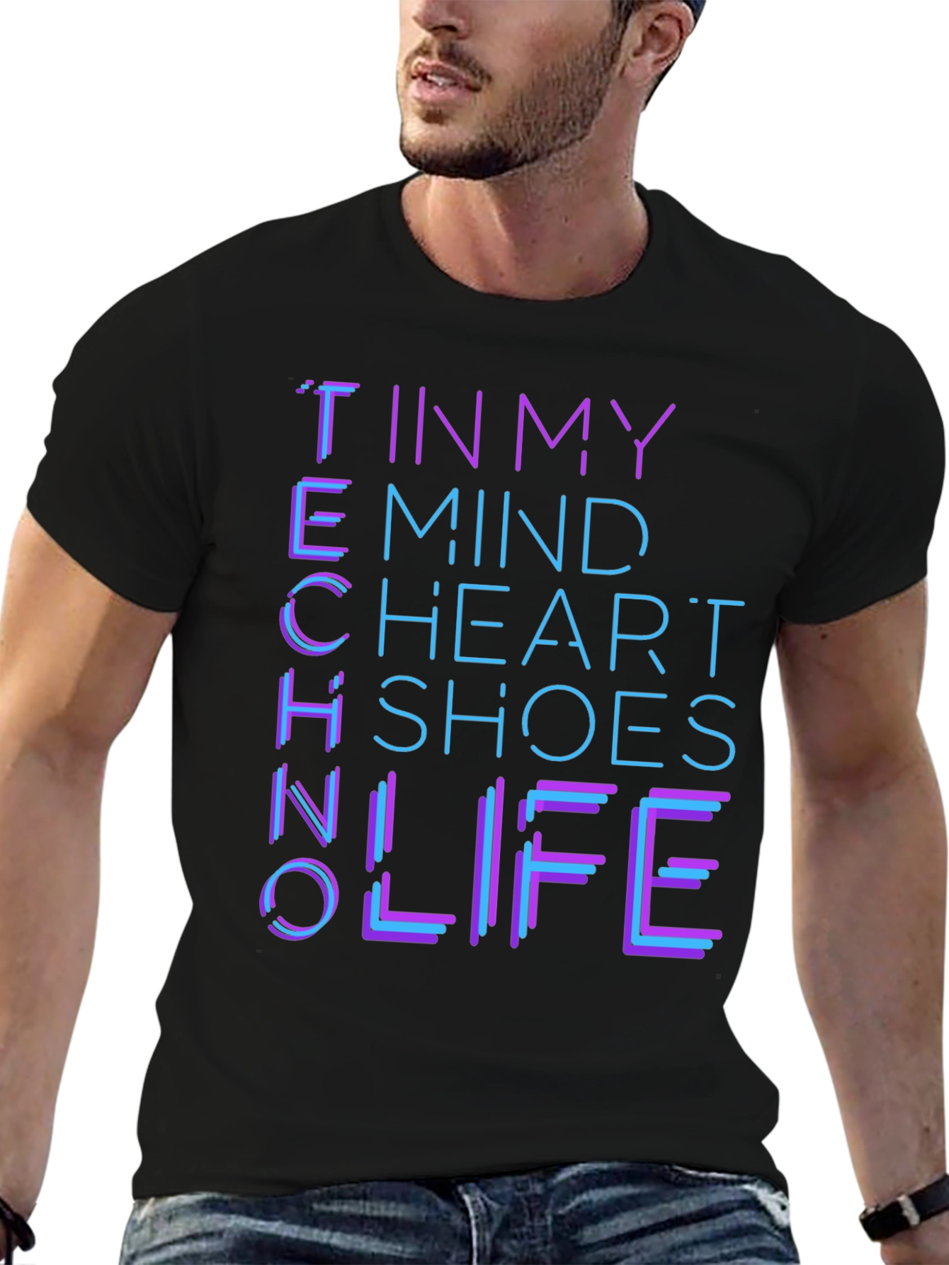 Black Techno Mind Heart Shoes Life Graphic Tee - Black view 6
