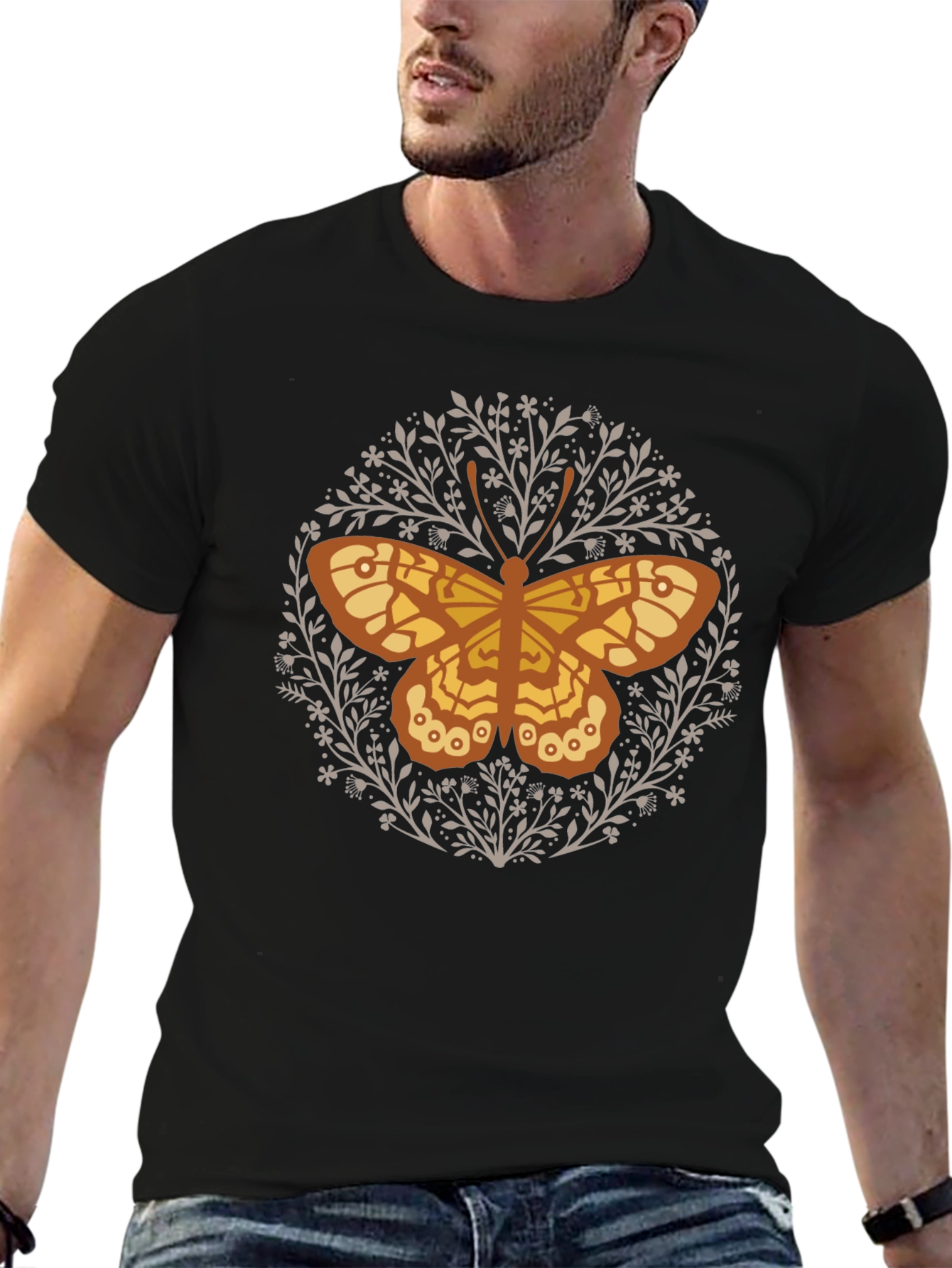 Black Butterfly Floral Graphic Tee - Black Cotton T-Shirt view 6