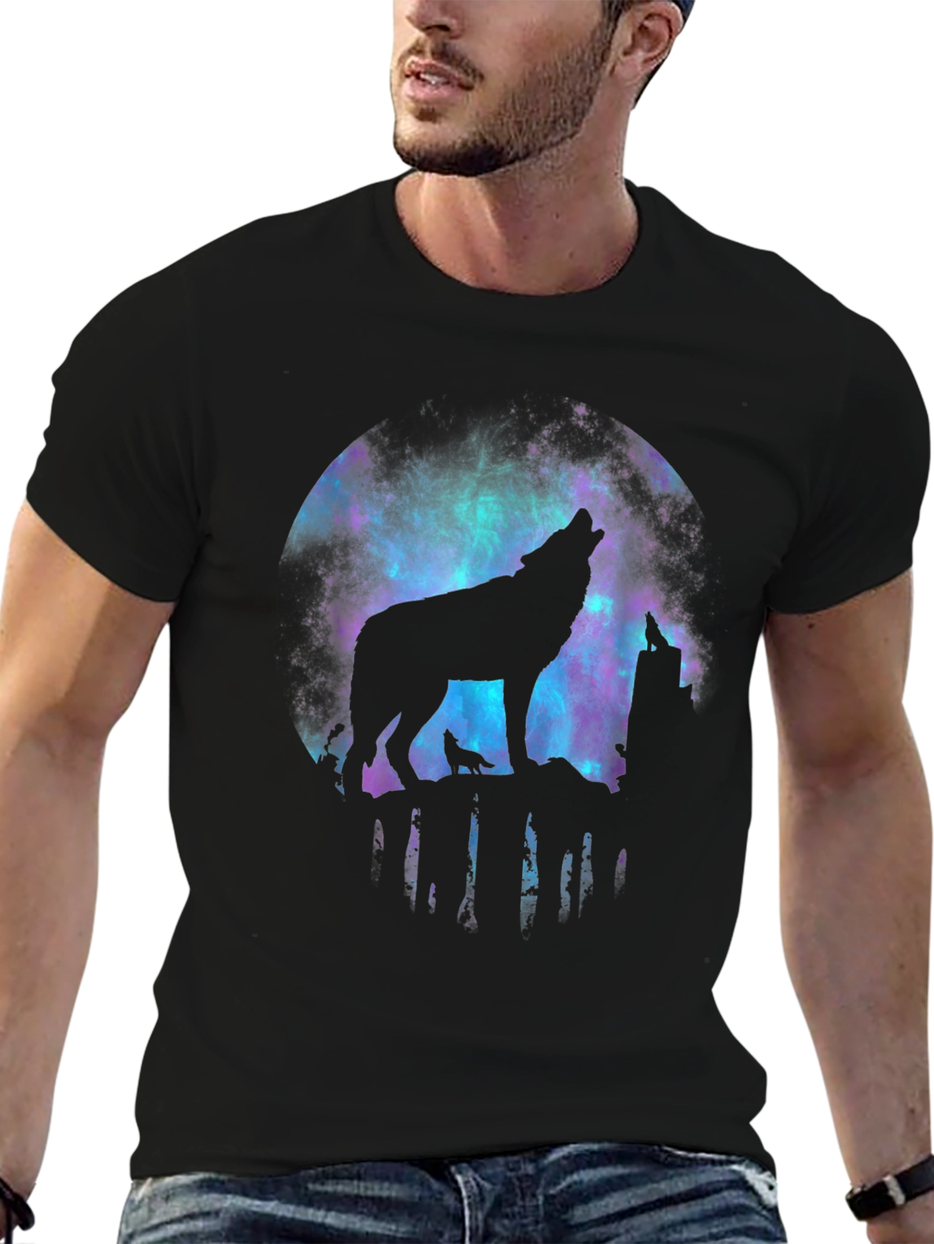 Black Wolf Howling Galaxy Graphic Tee - Black view 6