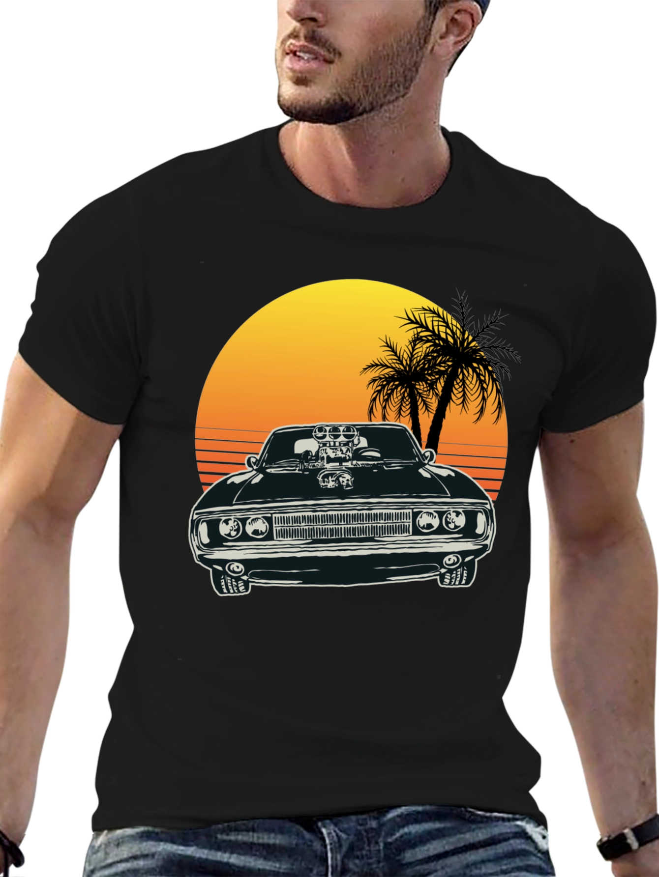 Black Muscle Car Sunset T-Shirt view 6