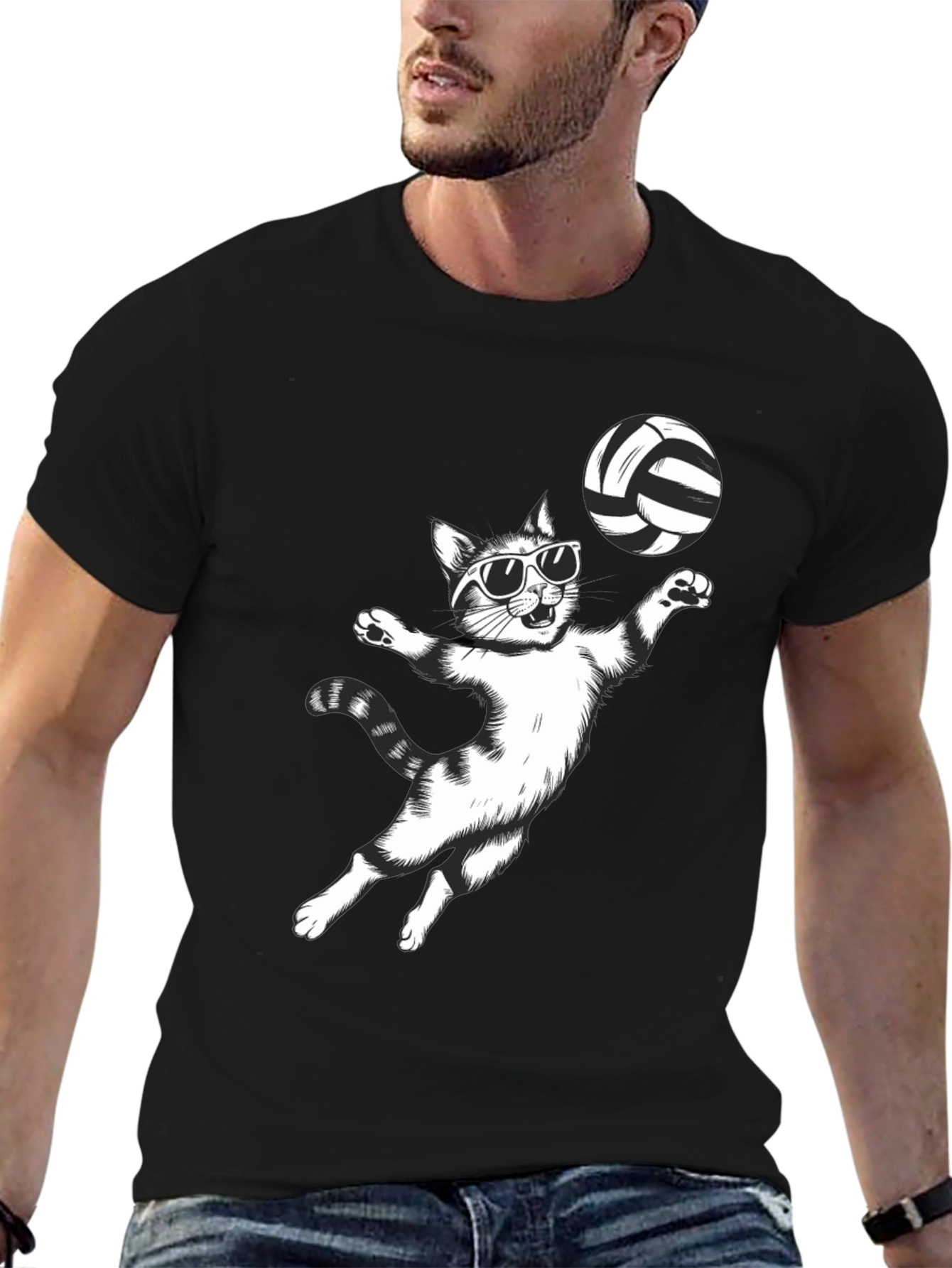 Black Volleyball Cat Graphic Tee - Funny T-Shirt view 6