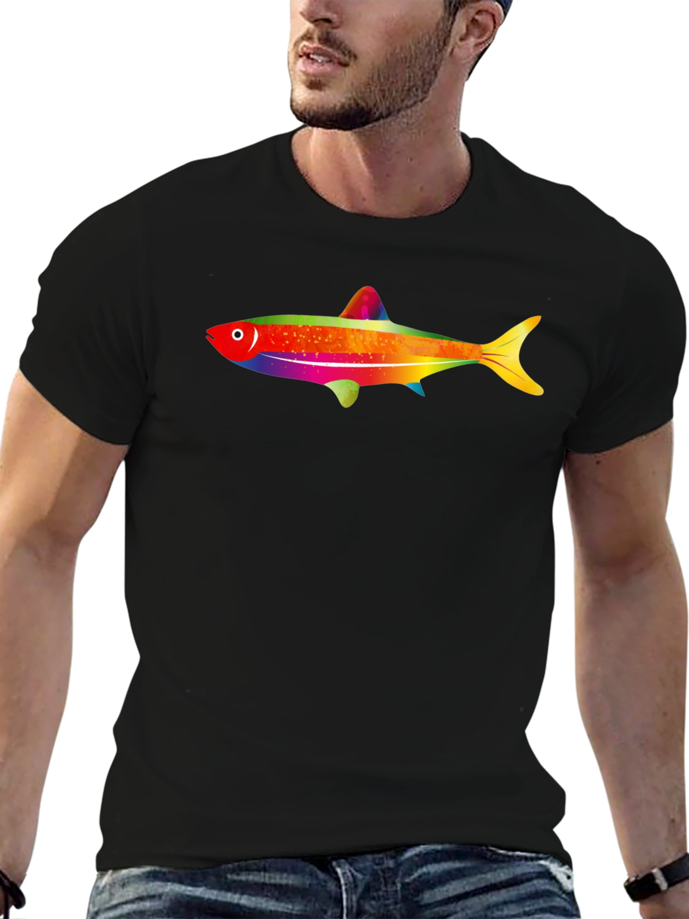 Black Rainbow Fish Graphic Tee - Men's Black T-Shirt view 6