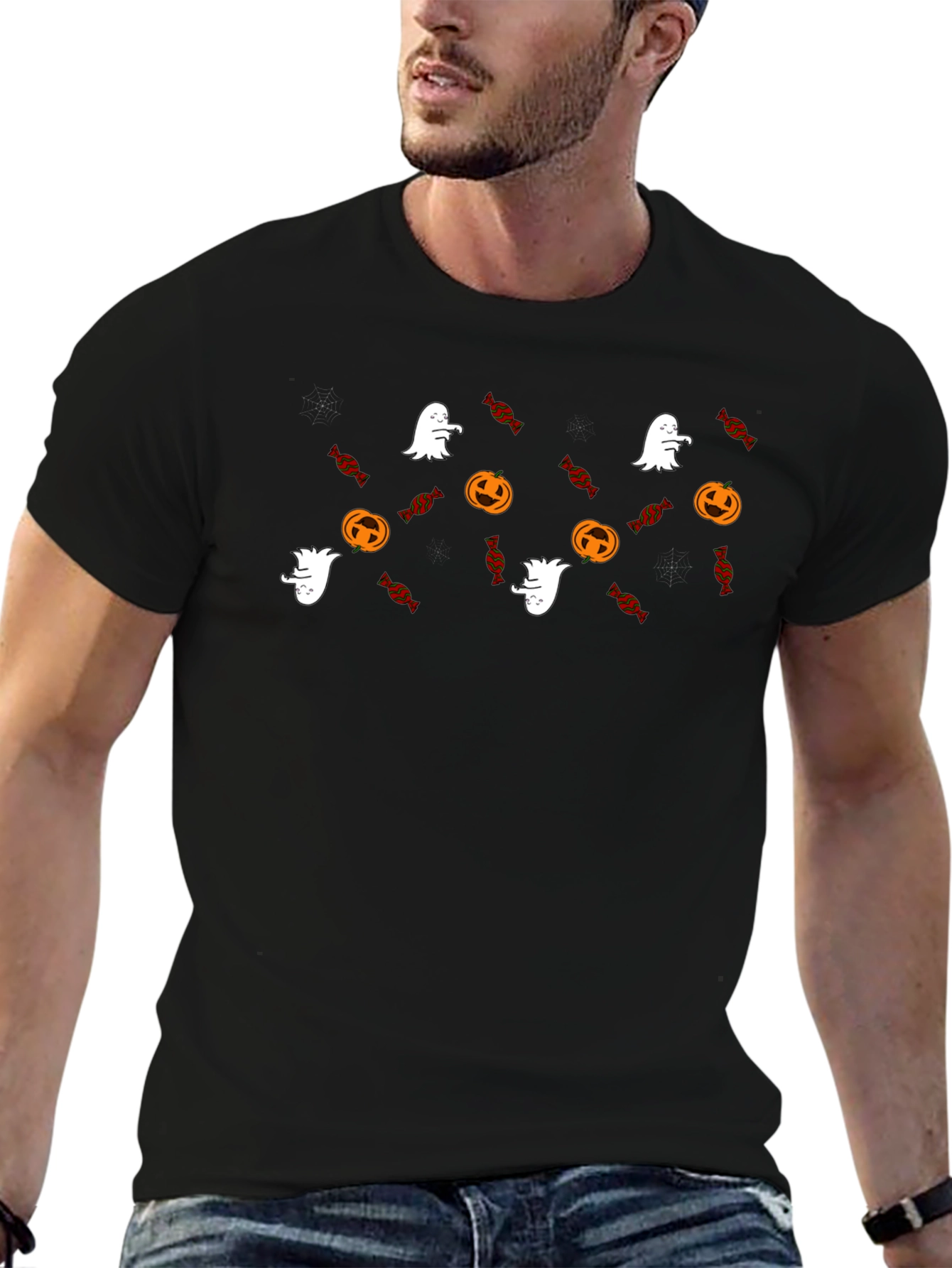 Black Halloween Ghost & Pumpkin Pattern T-Shirt view 6