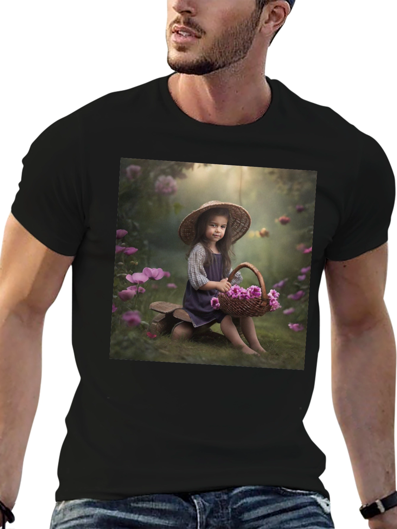 Black Charming Girl with Flowers T-Shirt view 6