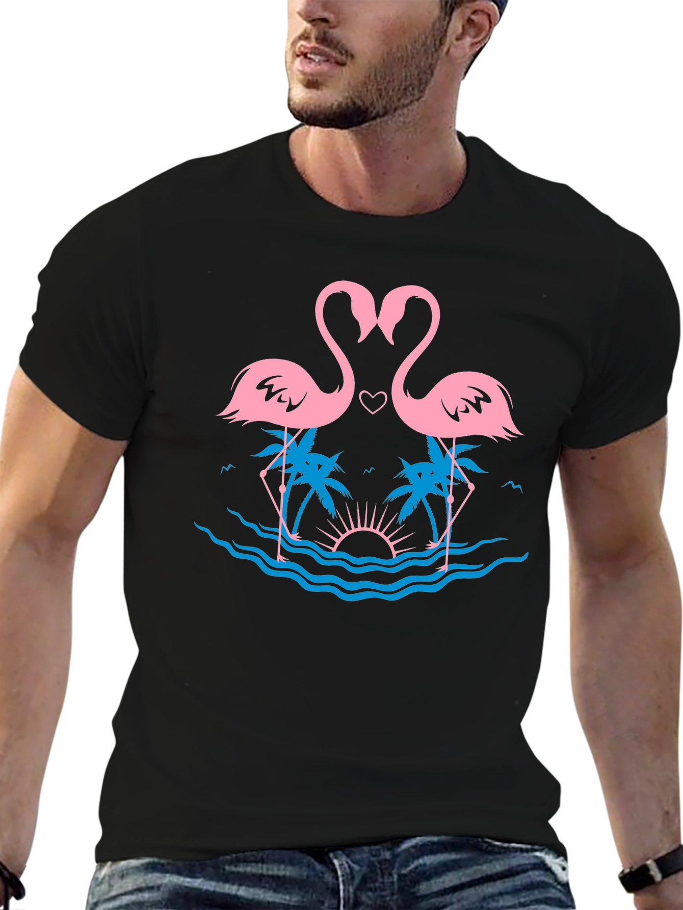 Black Tropical Flamingo Love T-Shirt view 6