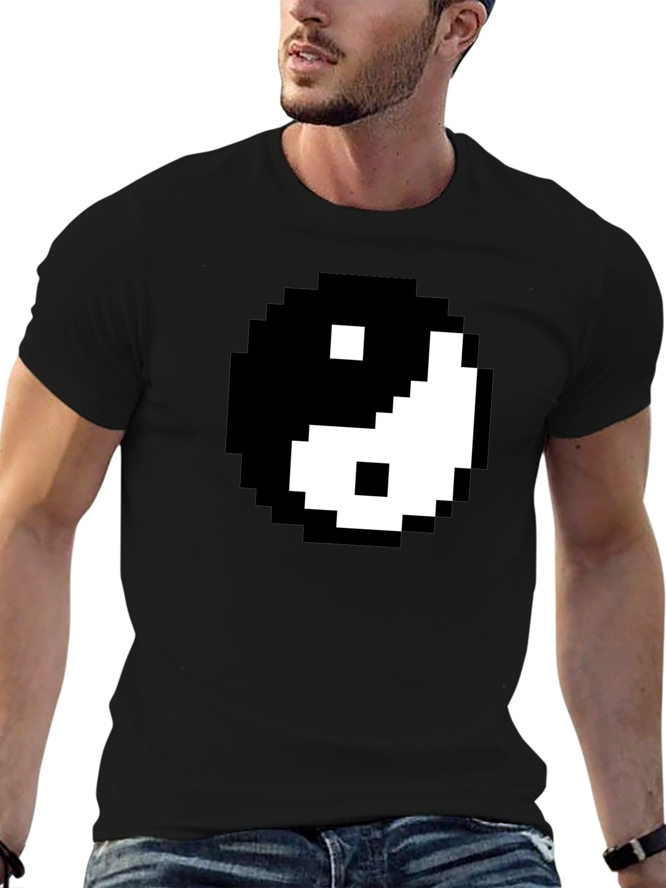 Black Pixel Yin Yang Graphic Tee - Black Cotton Blend Shirt view 6