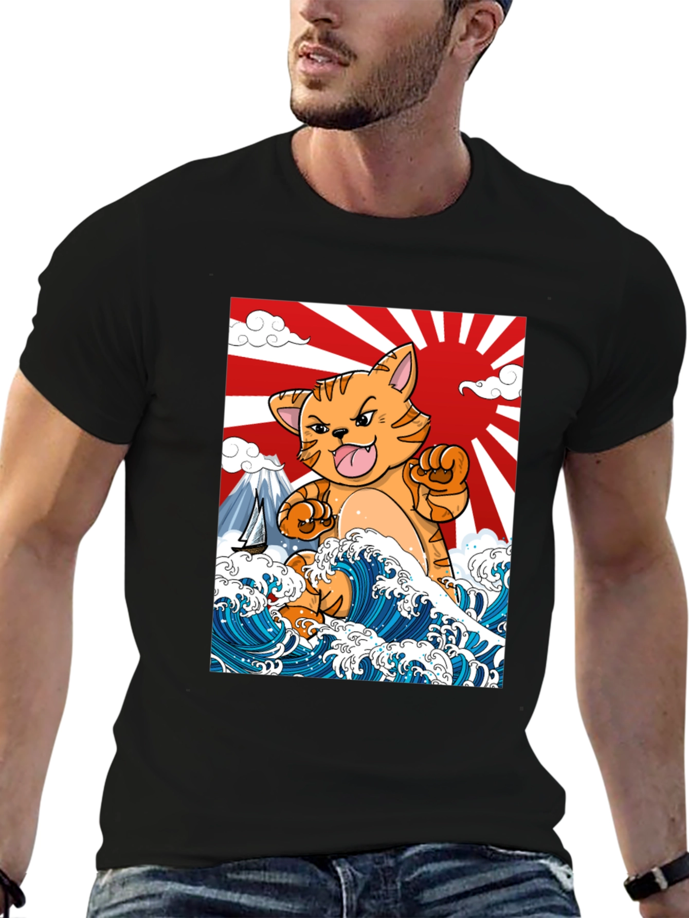 Black Kaiju Cat T-Shirt - Japanese Wave Art view 6