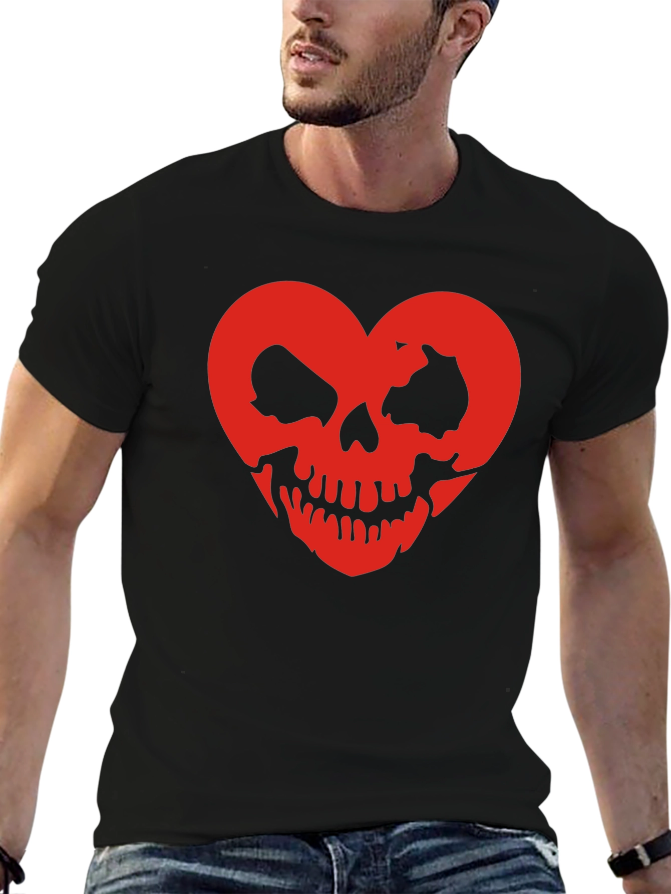 Black Skull Heart Graphic Tee - Black Cotton T-Shirt view 6