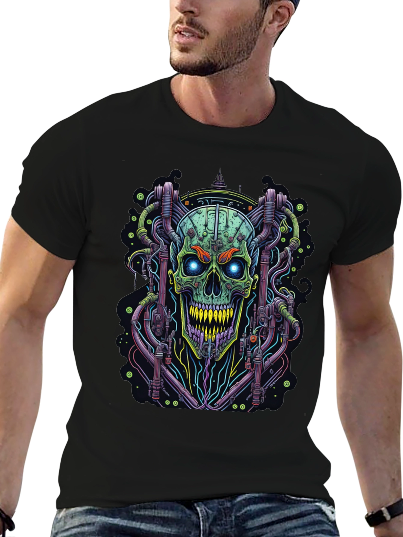 Black Cyberpunk Skull Graphic Tee - Edgy Design view 6