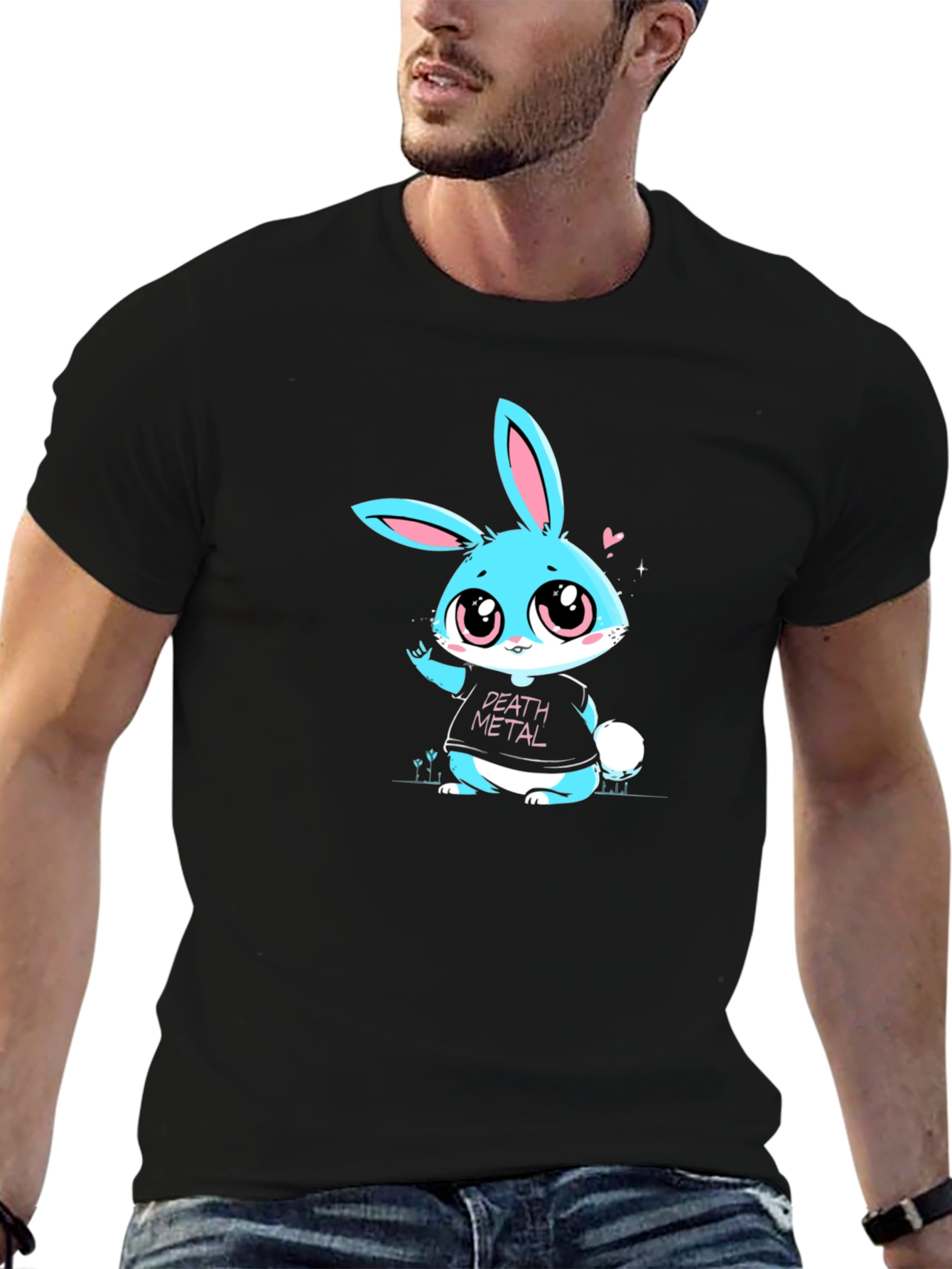 Black Death Metal Bunny T-Shirt - Black Cotton Tee view 6
