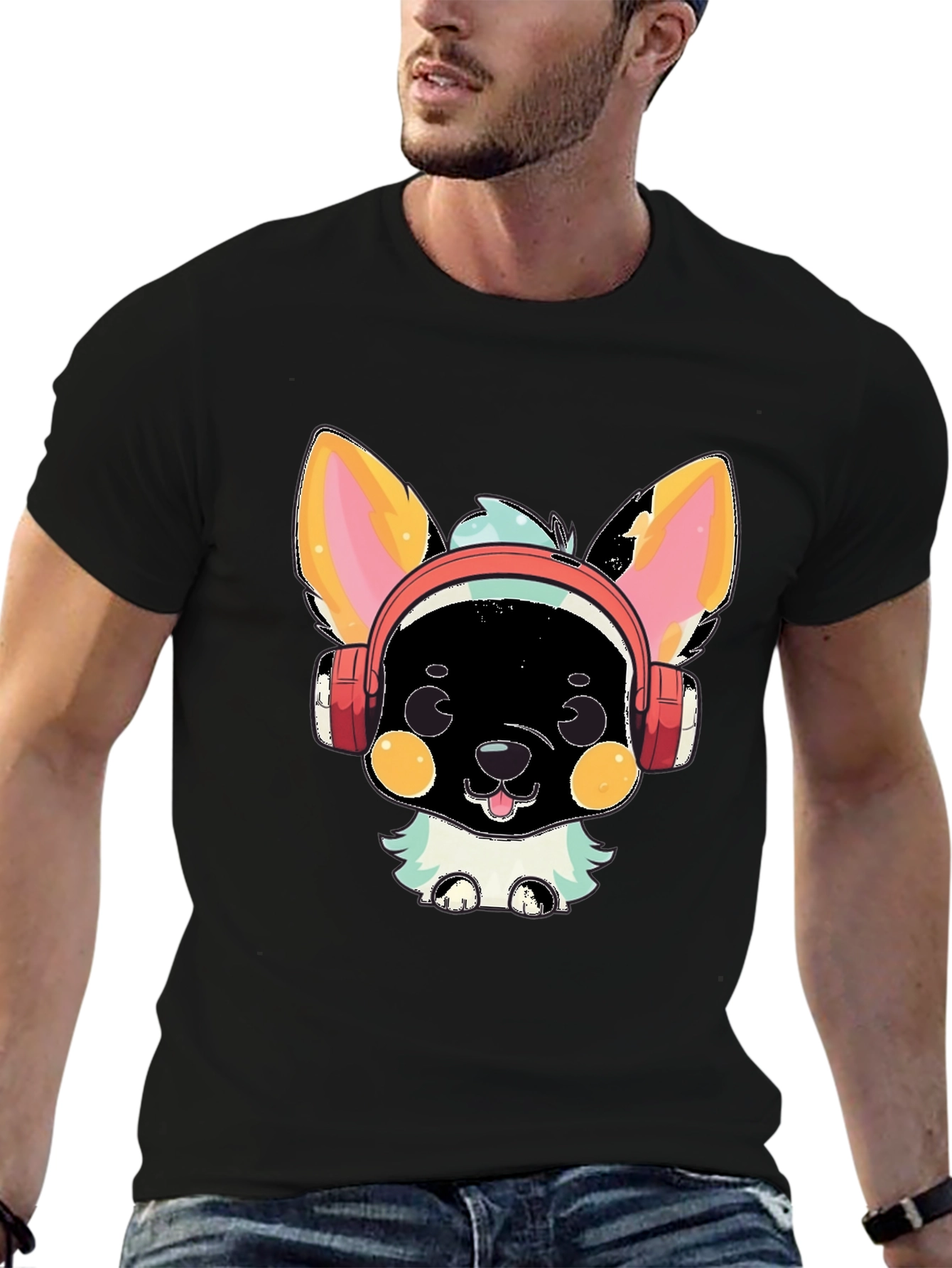Black Cute Cartoon Animal with Headphones Graphic T-Shirt view 6