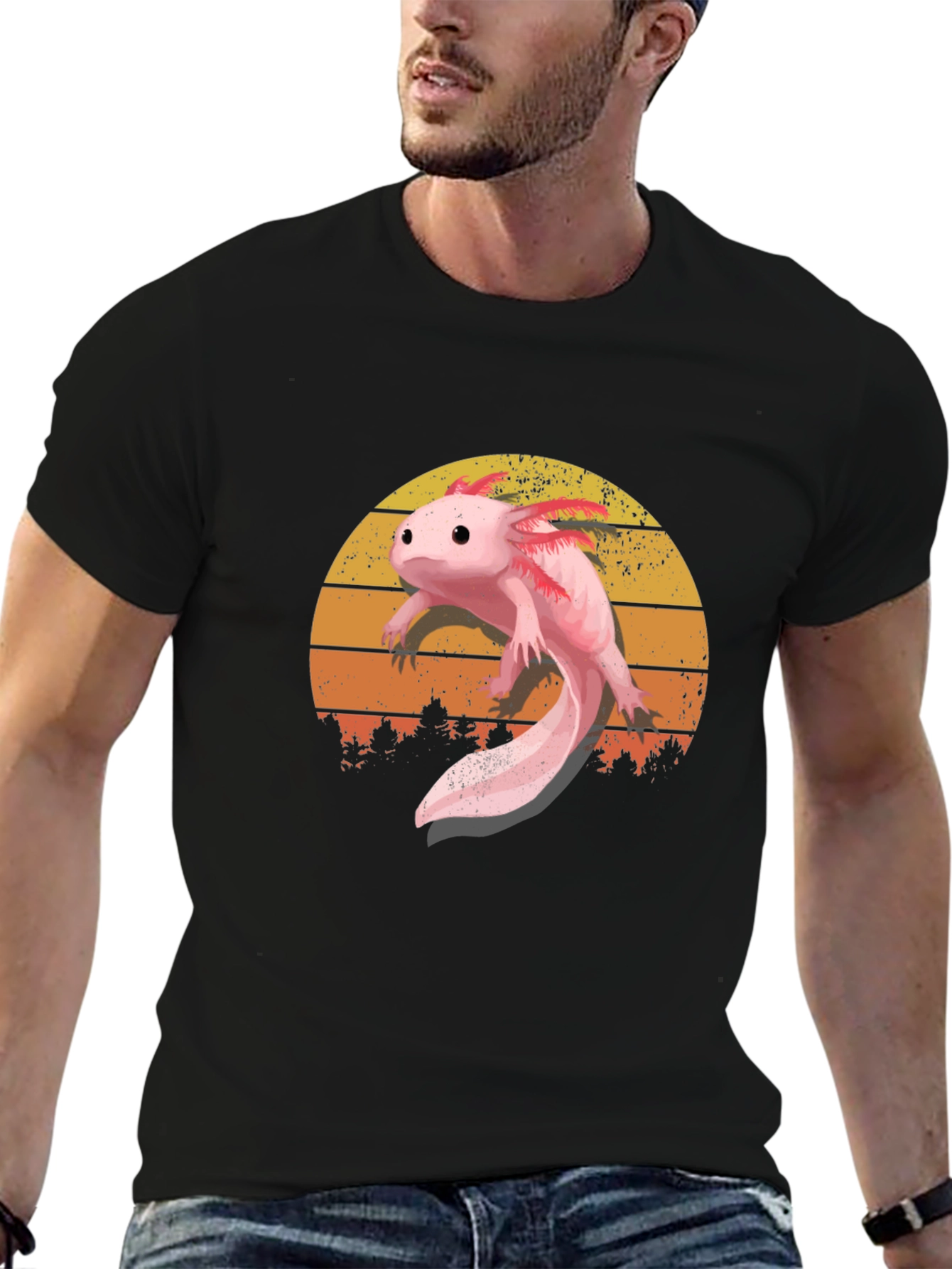 Black Axolotl Sunset Graphic Tee - Black Cotton T-Shirt view 6