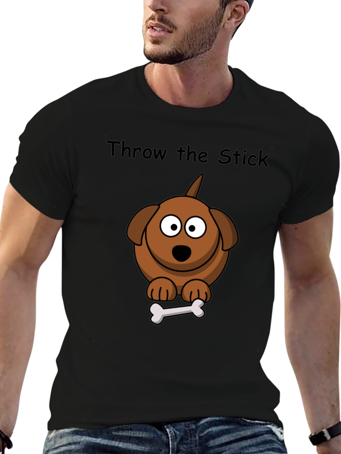 Black Throw the Stick Dog Cartoon T-Shirt - Playful Graphic Tee view 6