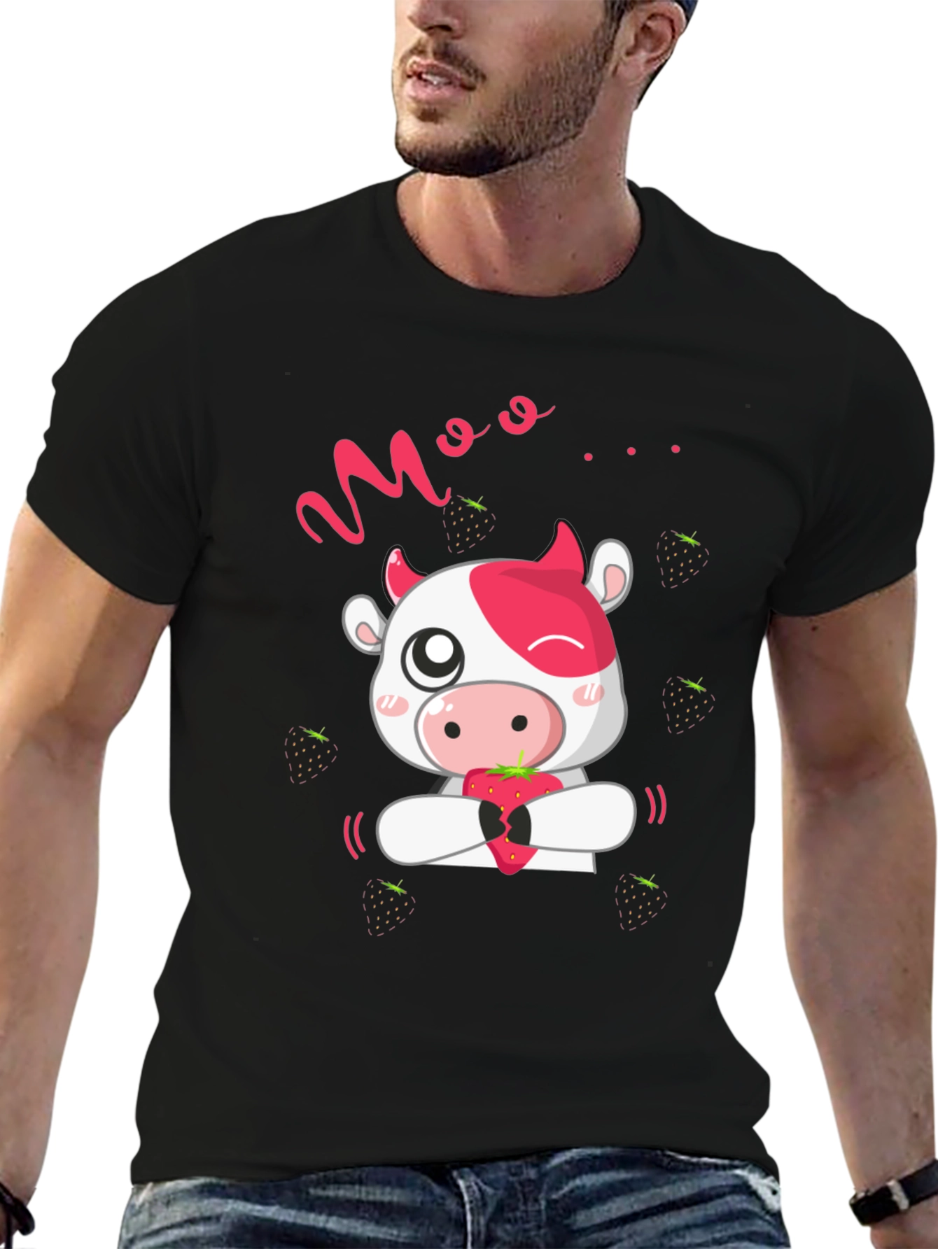 Black Moo Strawberry Cow Black T-Shirt view 6