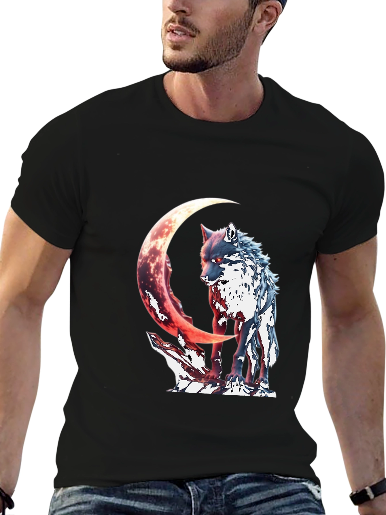 Black Wolf & Crescent Moon Graphic T-Shirt view 6