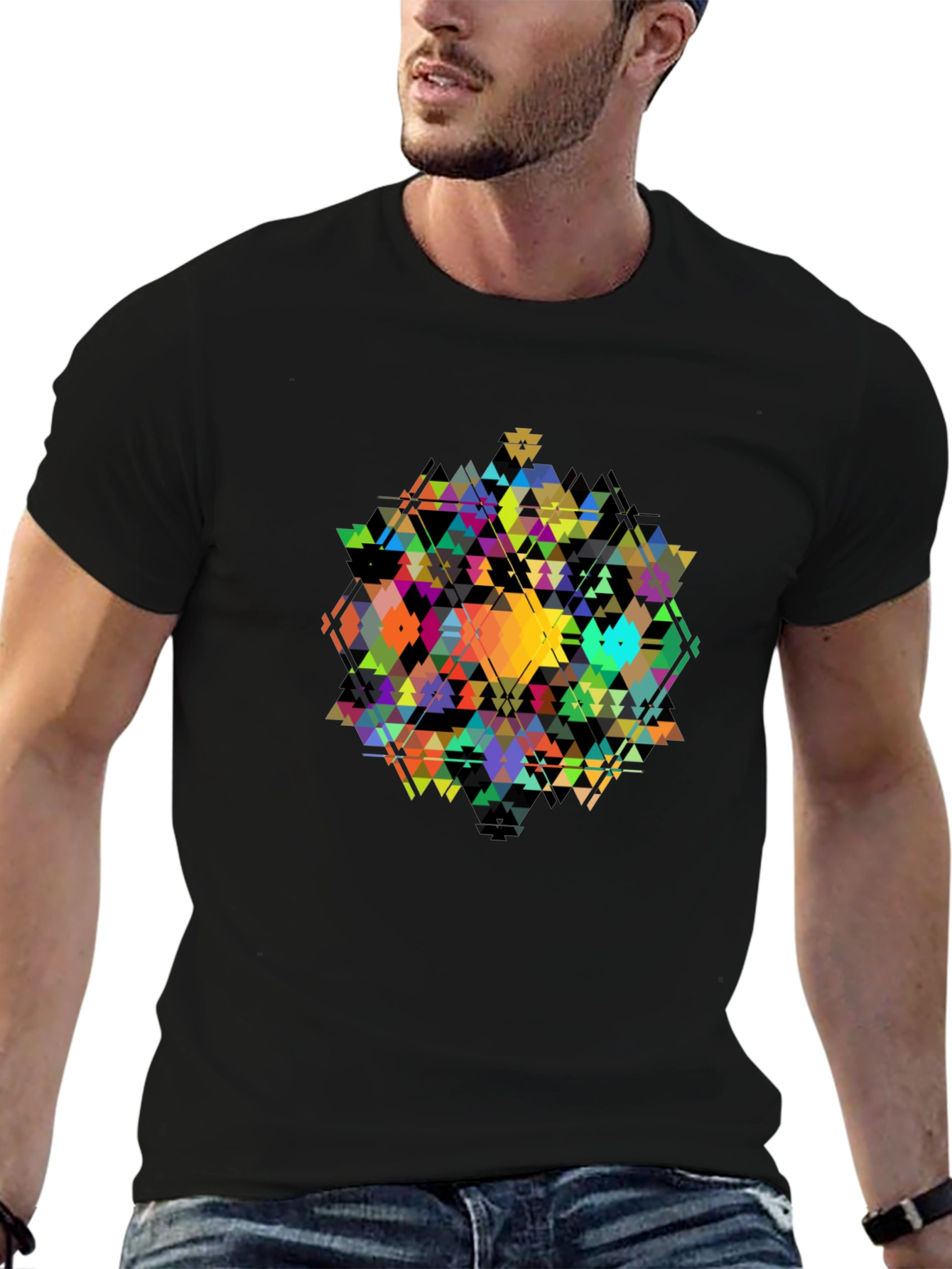 Black Geometric Triangle Art T-Shirt - Modern Design view 6