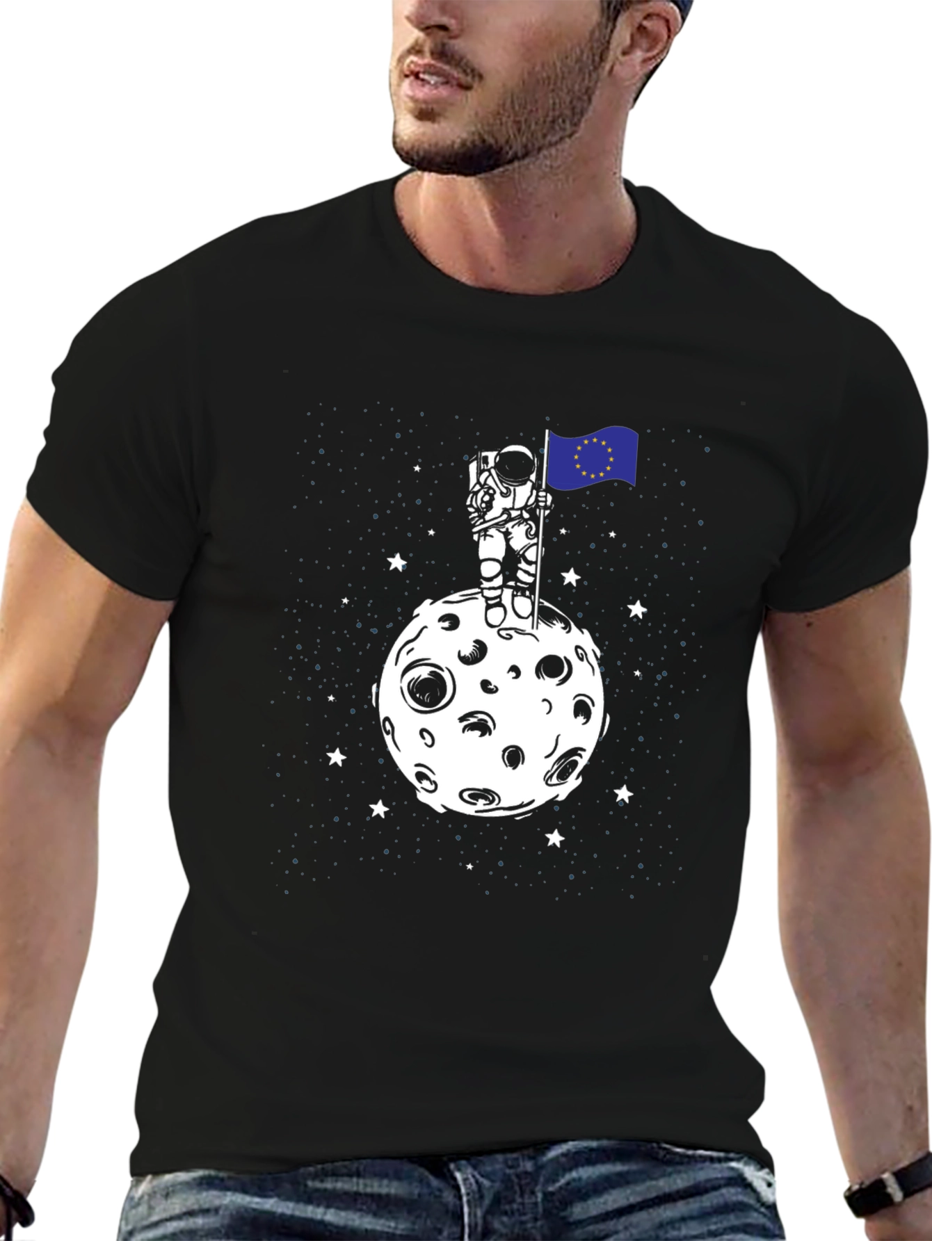 Black Astronaut EU Flag Moon T-Shirt - Space Graphic Tee view 6
