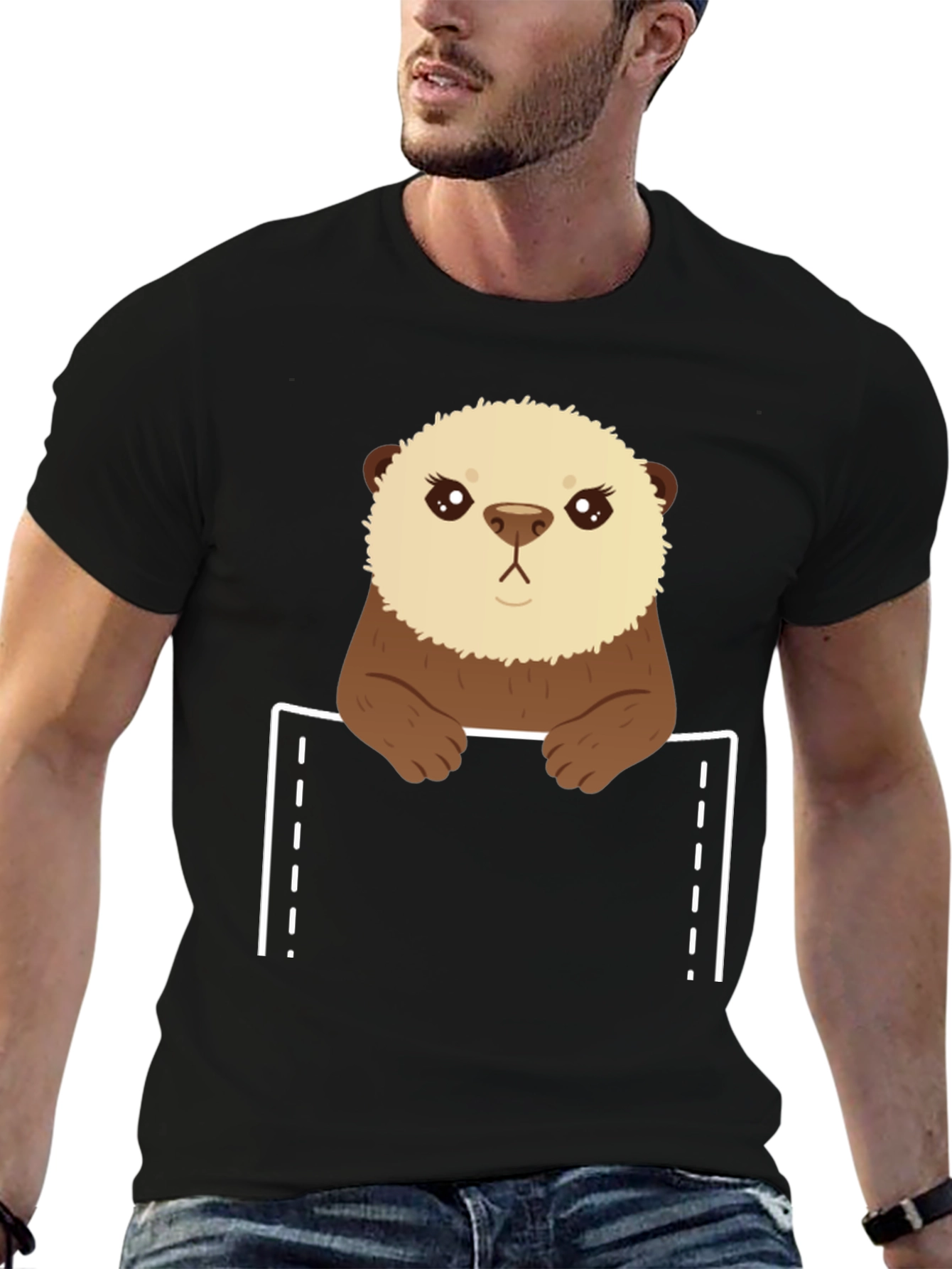Black Otter Pocket T-Shirt - Cute Animal Tee view 6